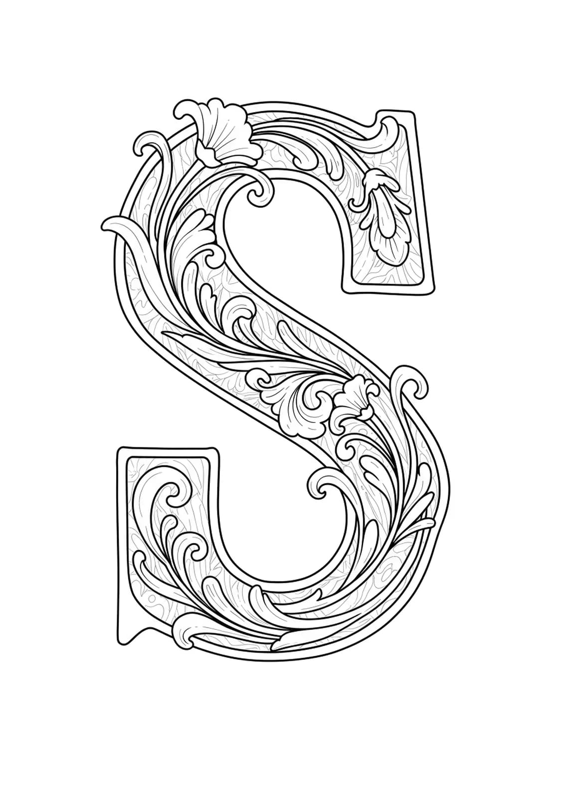 Letter S with Art Nouveau floral motifs, clean black and white medium-detail lines, for adult coloring.