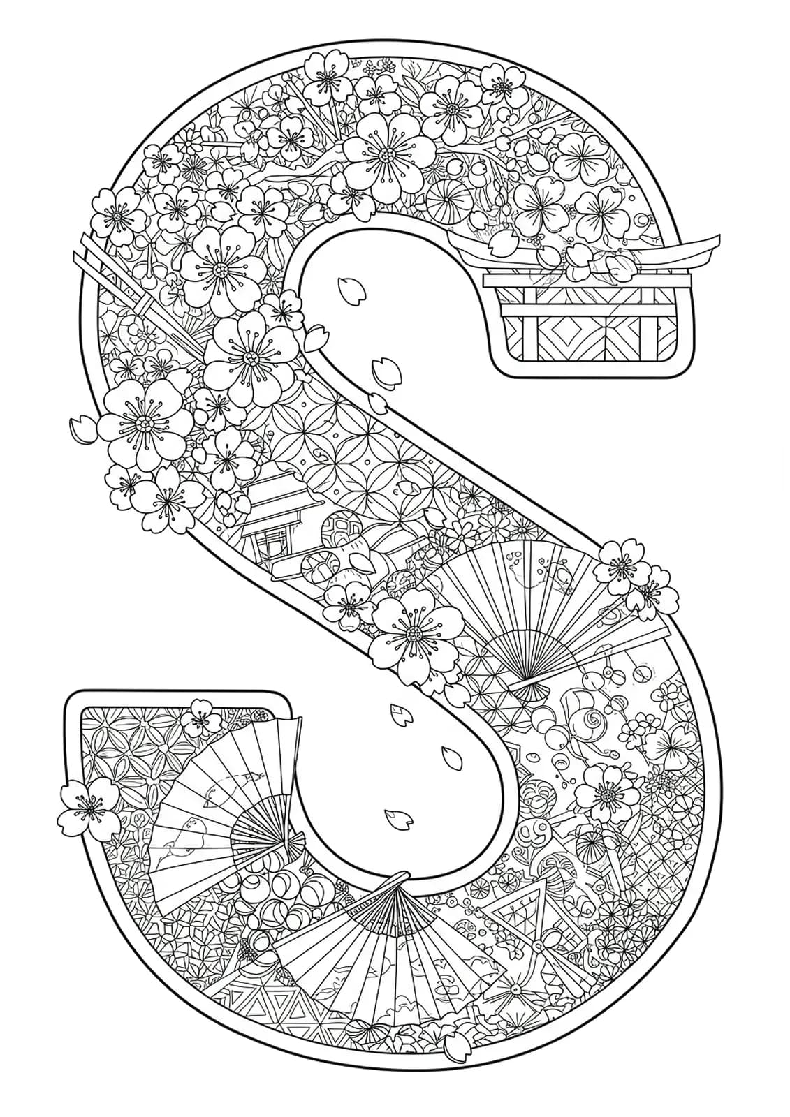Letter S embellished with detailed sakura blossoms and Japanese decorative elements.