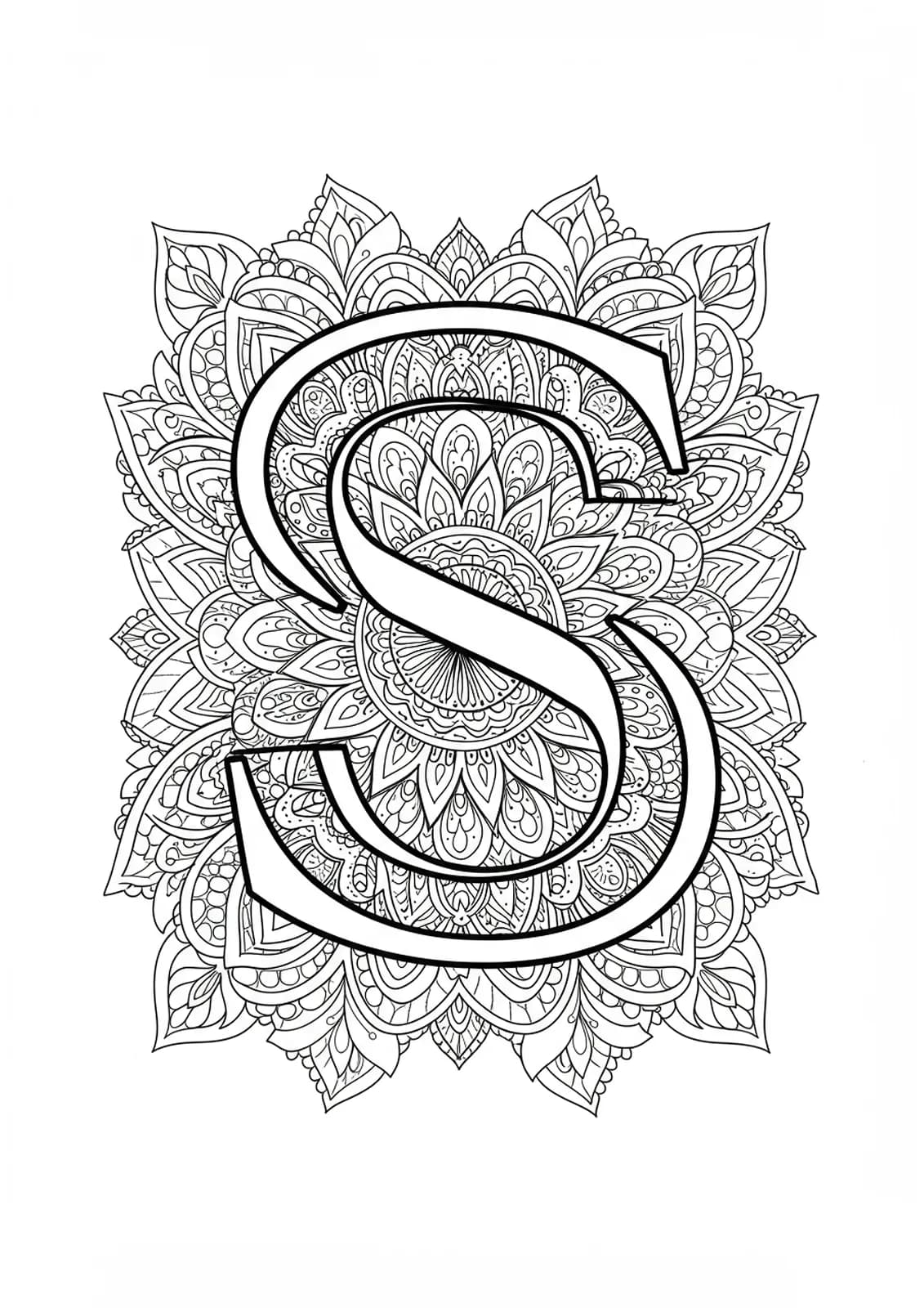 Letter S outlined with mandala designs in black and white, suitable for medium difficulty adult coloring.