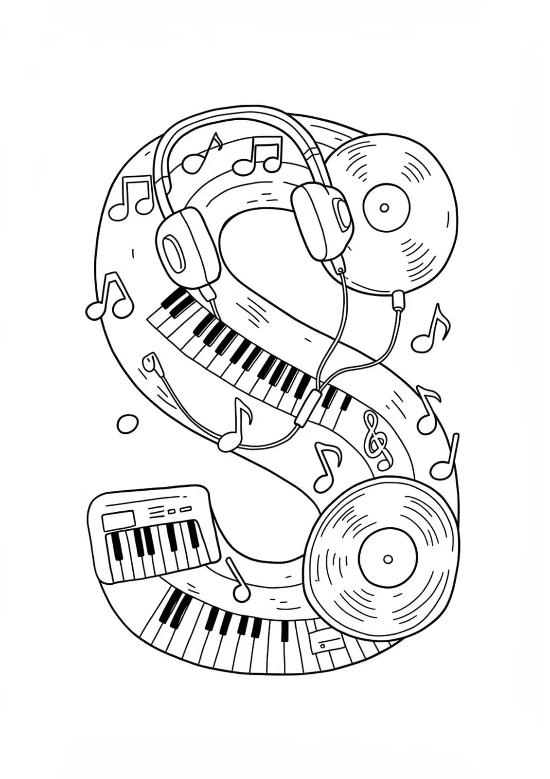 Large letter S with music notes, headphones, and records, easy coloring page for adults.