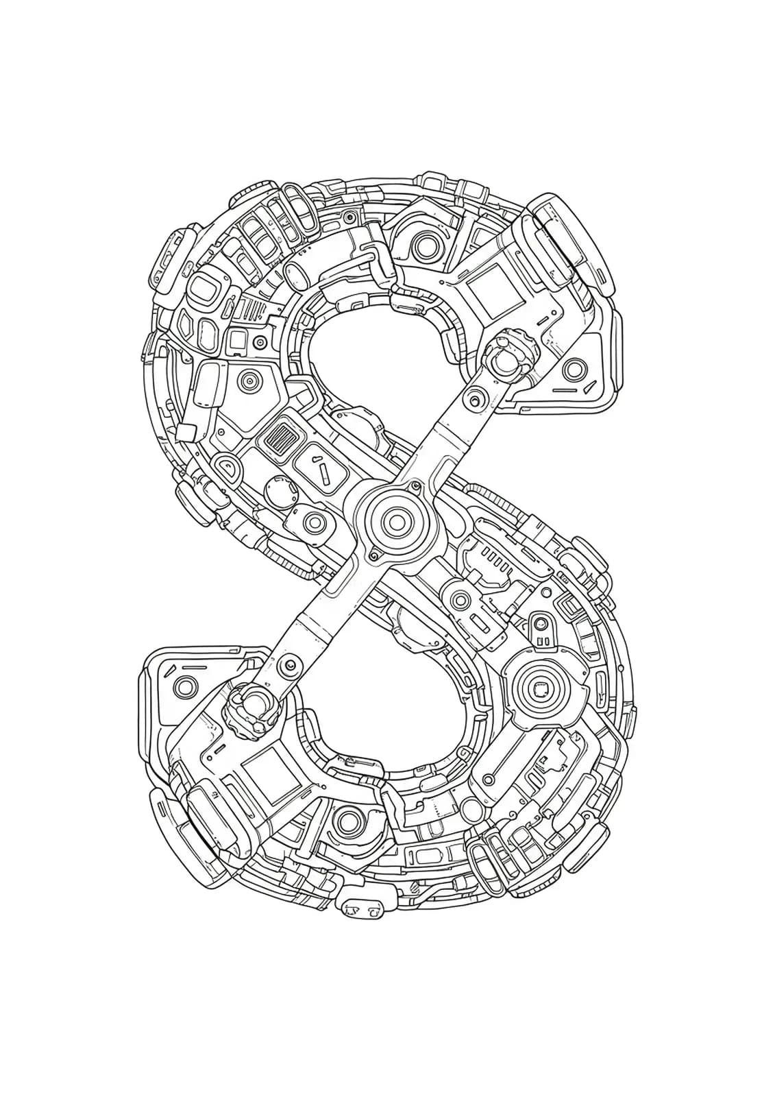 Letter S integrated with detailed sci-fi robot and mech designs.