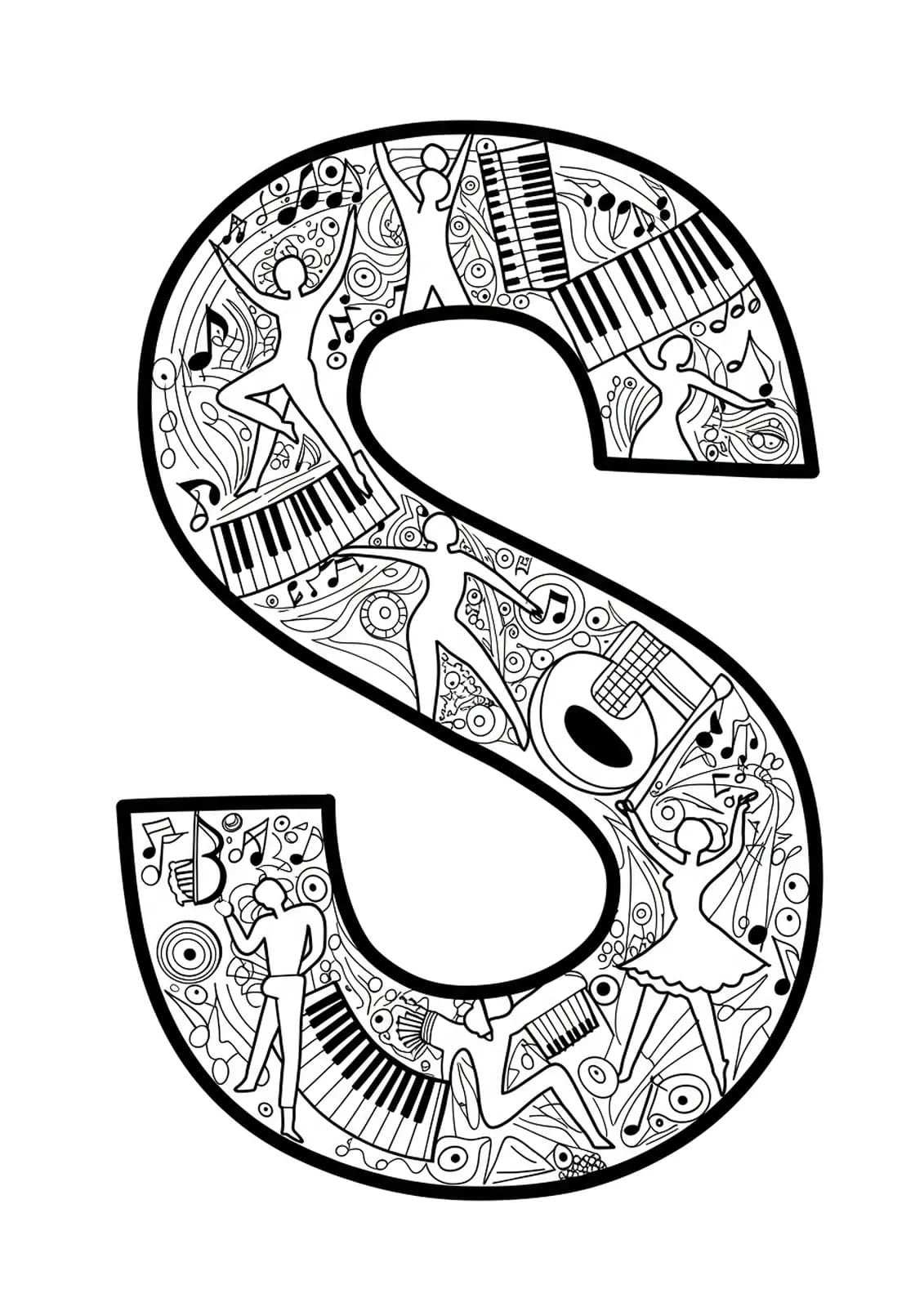 Letter S with silhouettes of dancers in various poses and musical motifs for a teen coloring page.