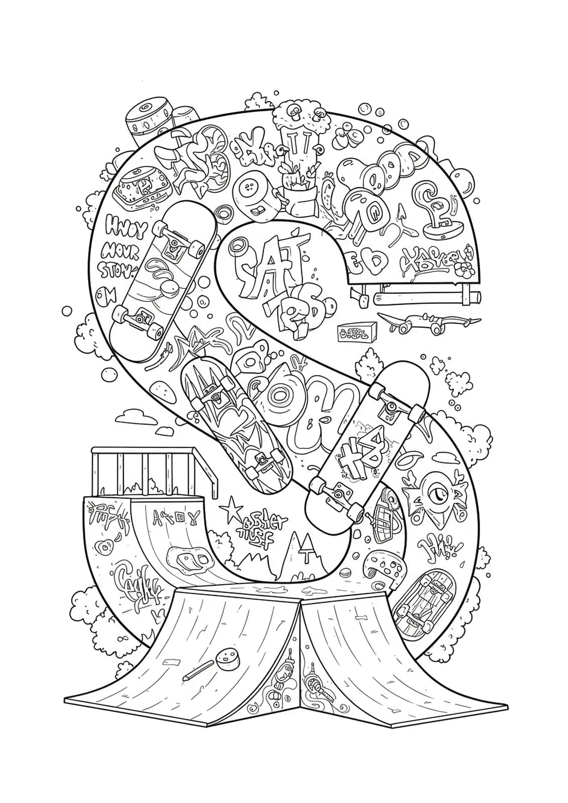 Letter S intertwined with skateboards, ramps, and urban graffiti details.