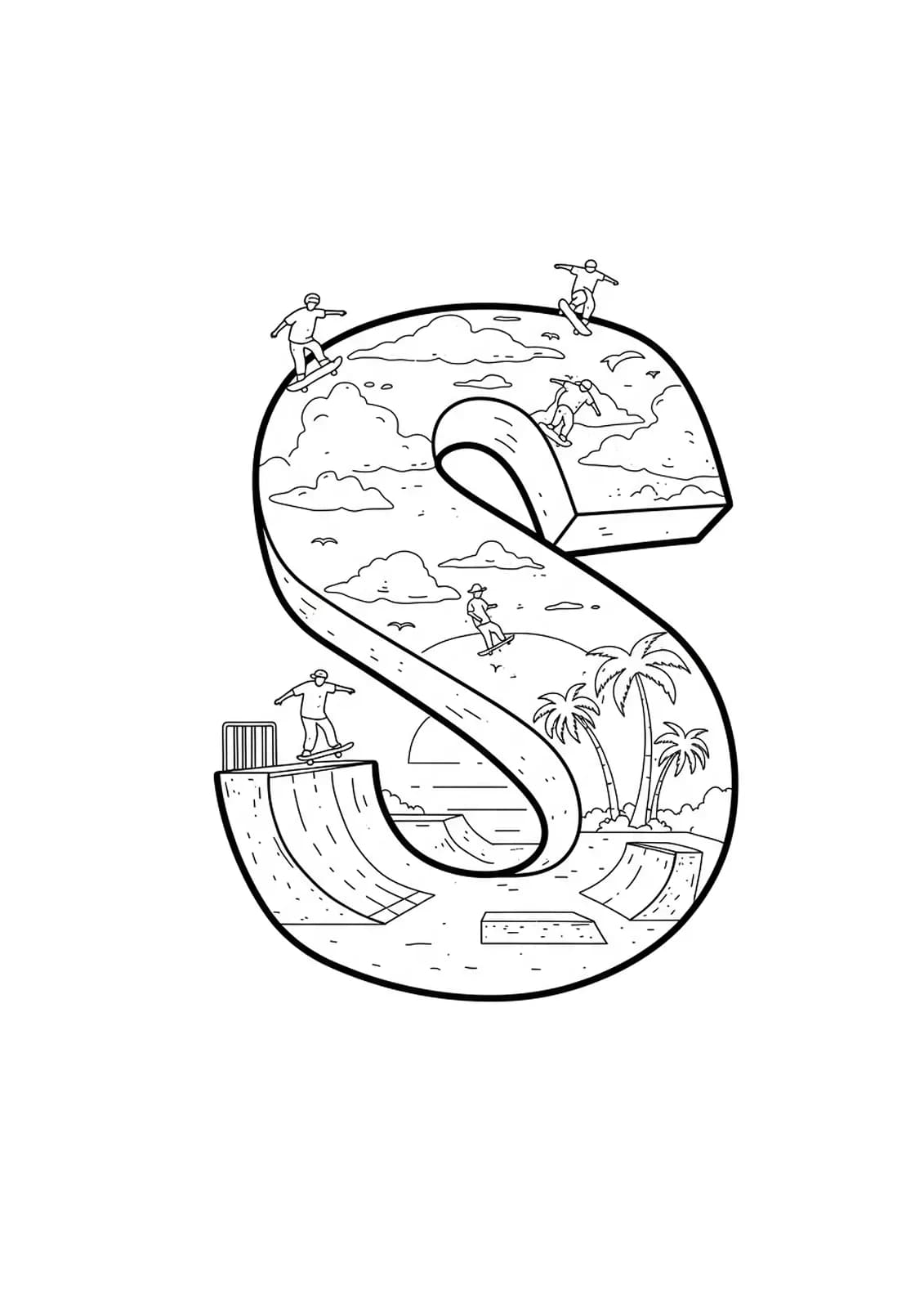 Letter S with skatepark ramps, palm trees, and sunset motifs for a teen coloring page.