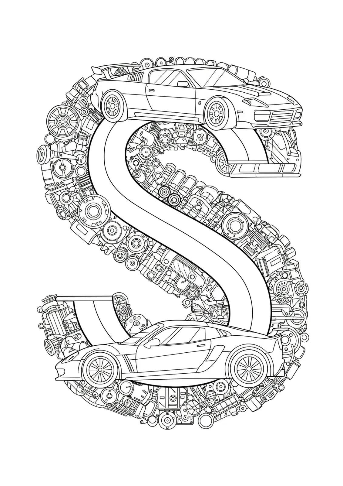 Letter S featured with detailed sports car blueprints and engine parts.