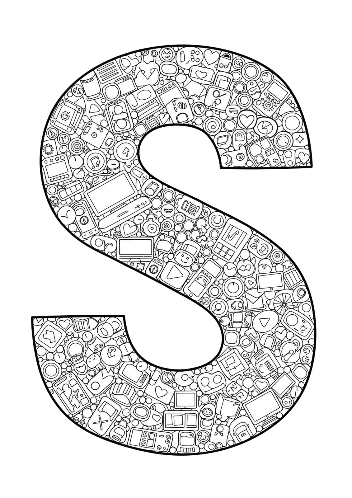 Letter S filled with detailed social media icons and digital app motifs.