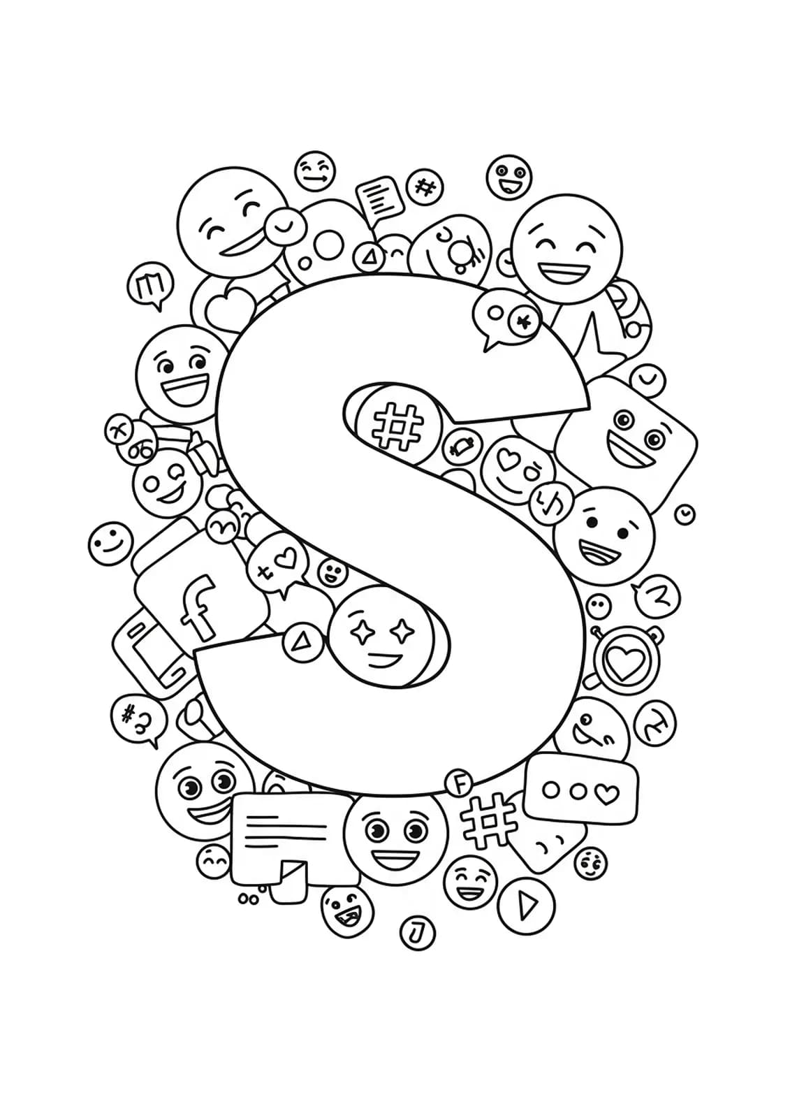 Letter S surrounded by social media icons, hashtags, and emojis for a teen-focused coloring page.