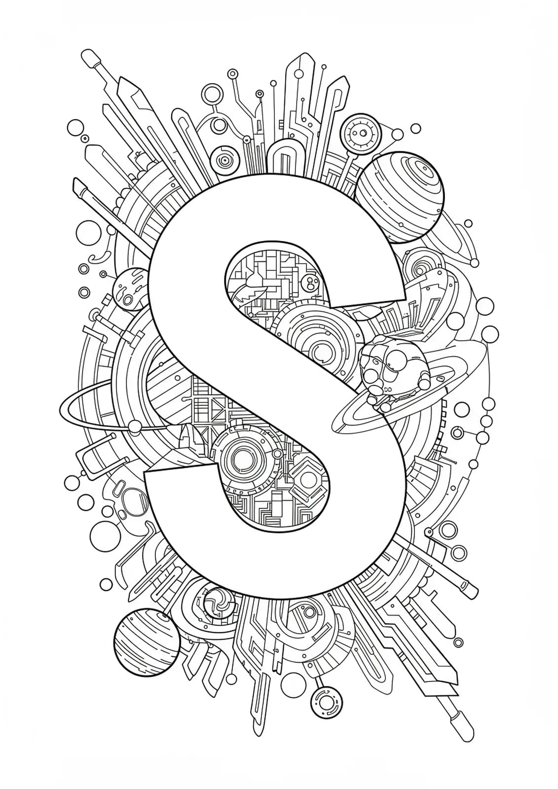 Letter S with digital tech motifs and futuristic solar system elements for teens to color.