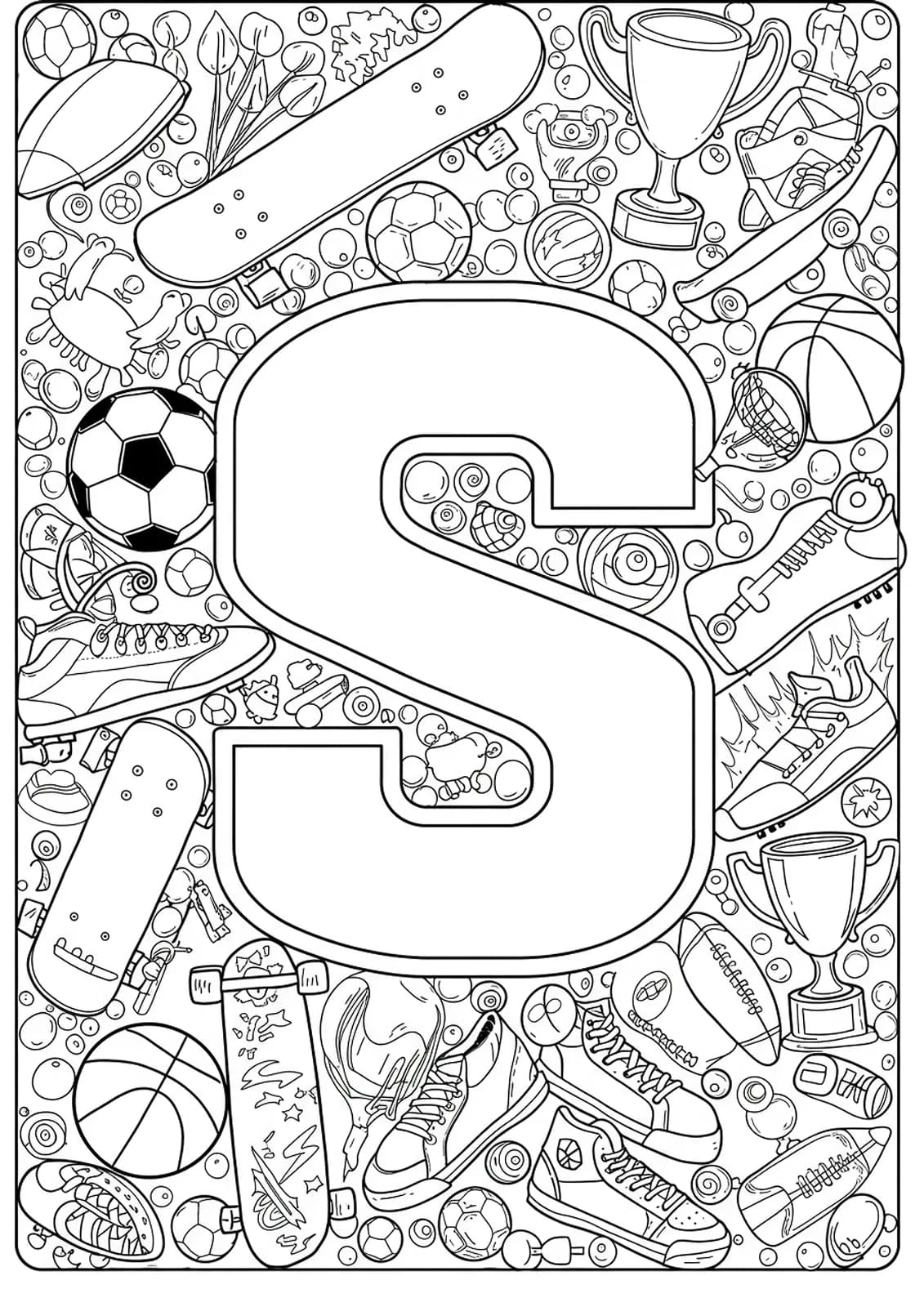 Letter S decorated with detailed sports gear like balls, sneakers, and skateboards for hard coloring.