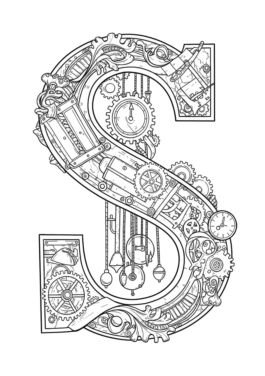 Steampunk themed letter S with gears, cogs, and vintage mechanical elements for teen coloring.
