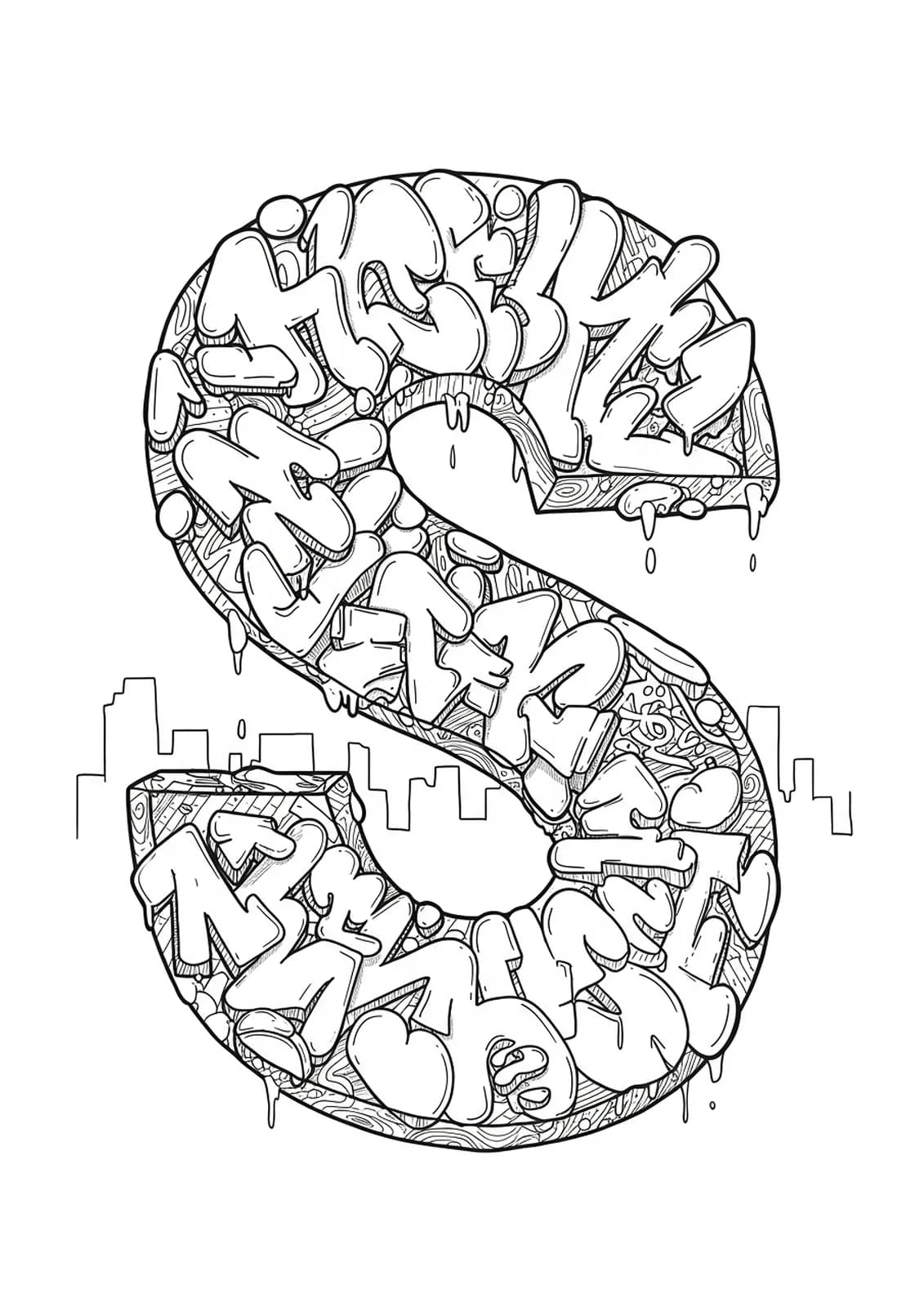 Letter S illustrated with graffiti street art, detailed tags and cityscape elements.