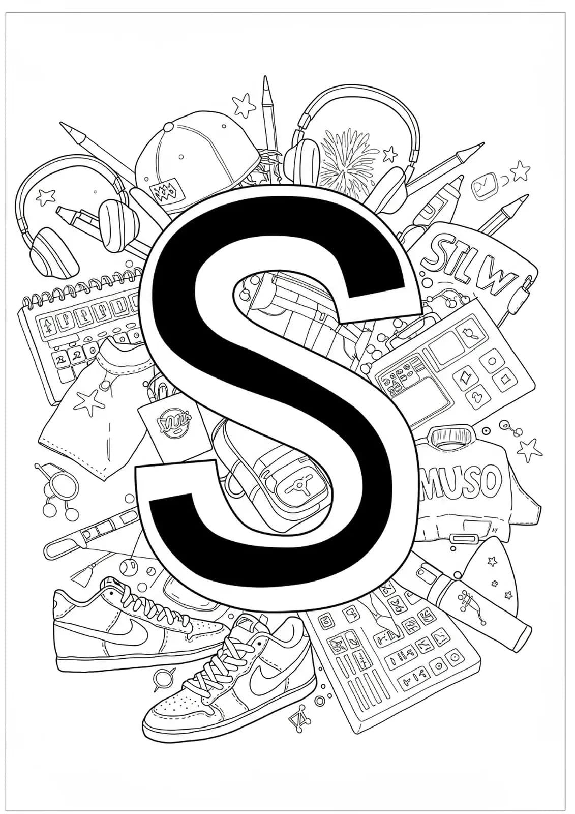 Letter S with sneakers, headphones, clothes, and accessories in a street fashion theme for teens.