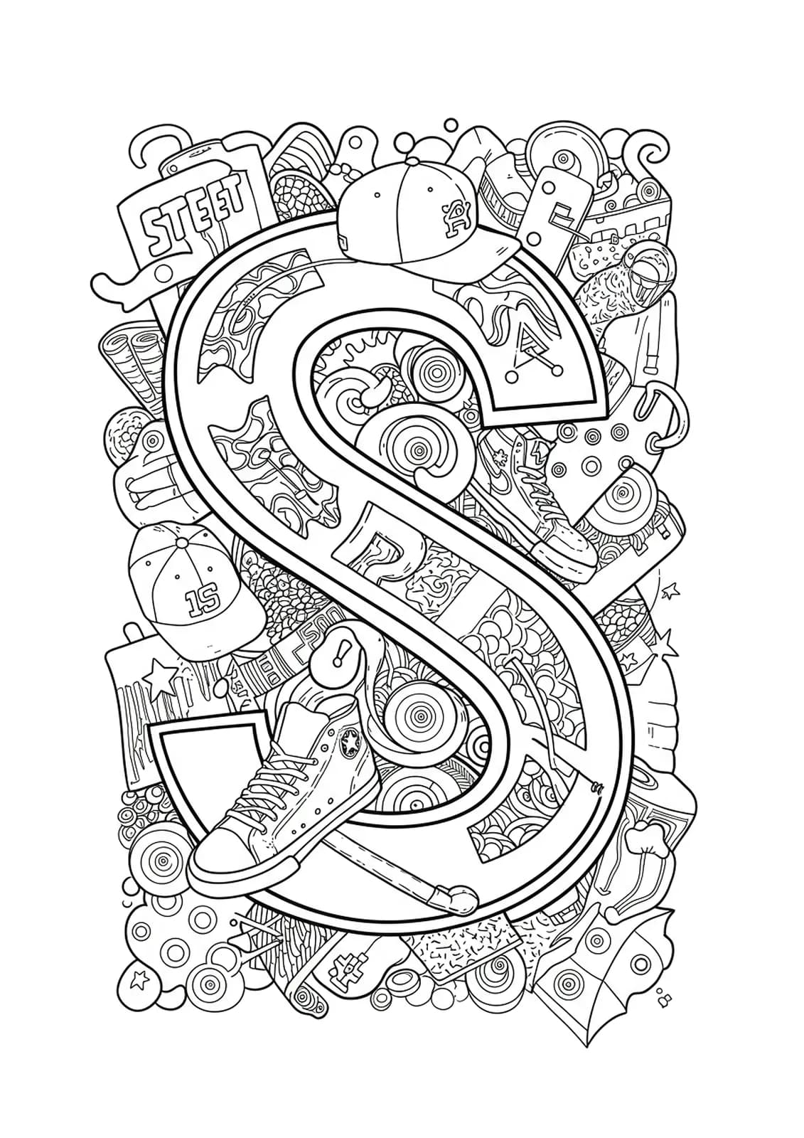 Letter S surrounded by detailed streetwear items like sneakers, caps, and hoodies.