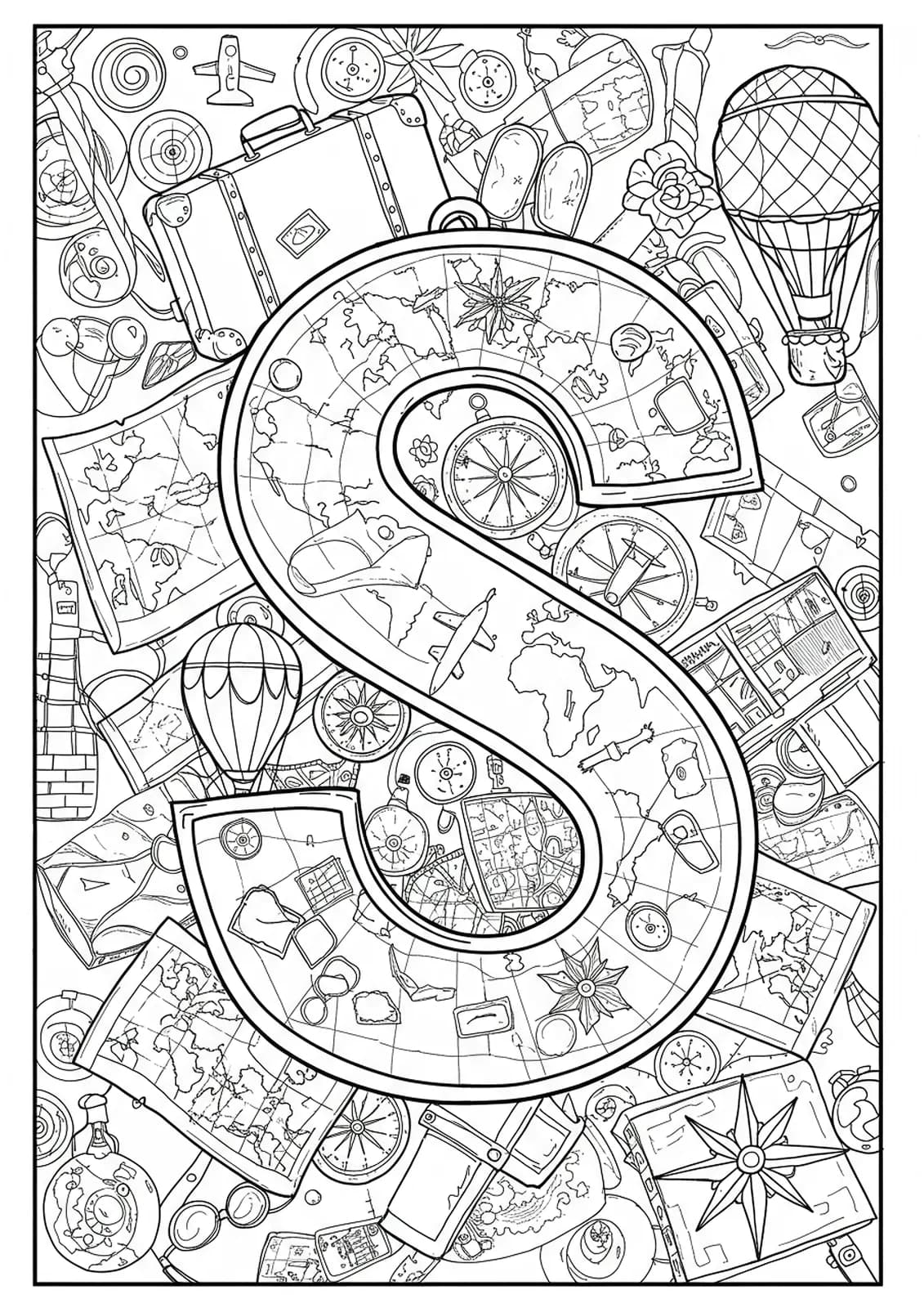 Letter S with vintage travel items like suitcases, maps, and compasses in black and white medium-detail line art.