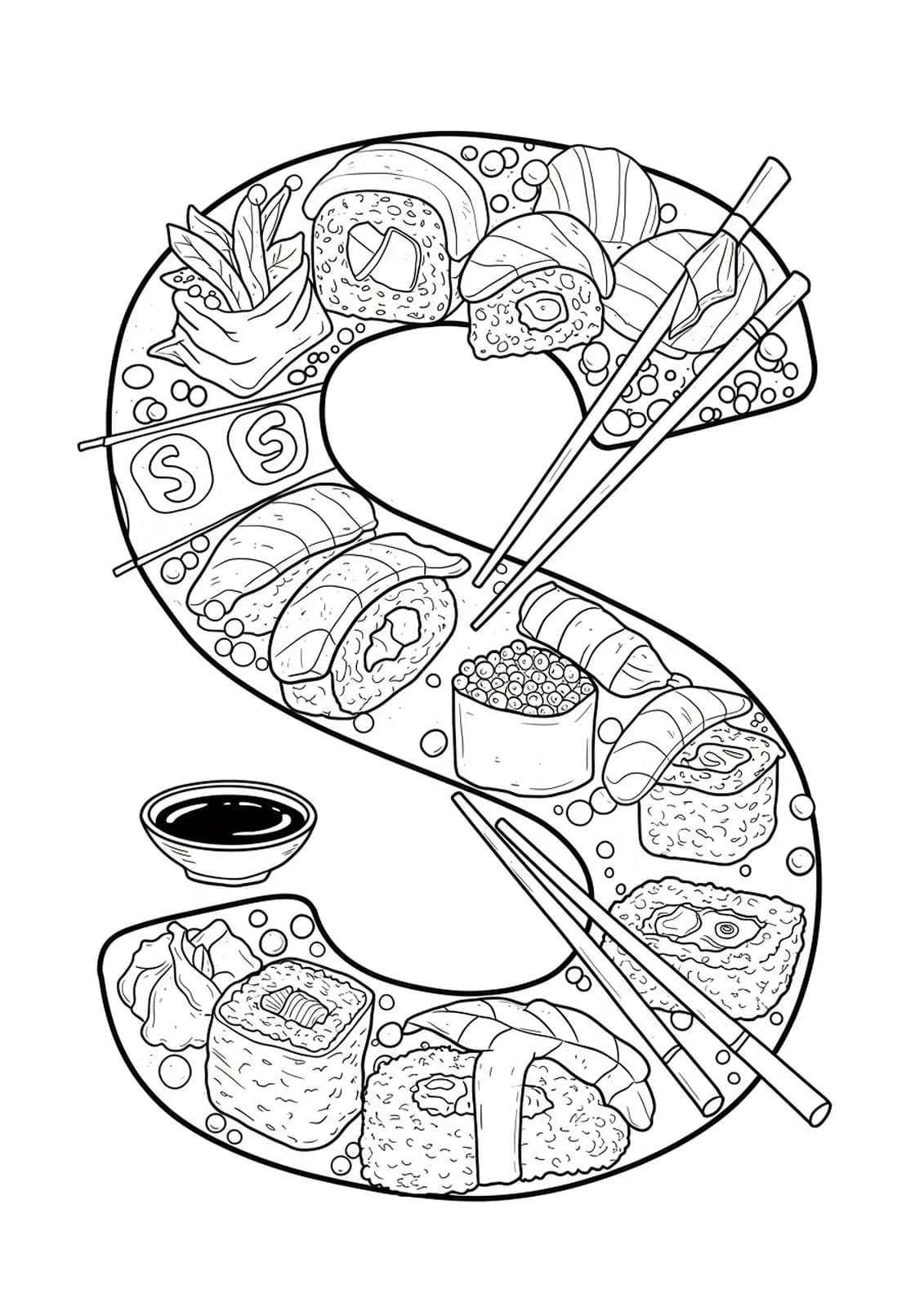 Letter S decorated with sushi rolls, chopsticks, and party decorations for a teen coloring page.