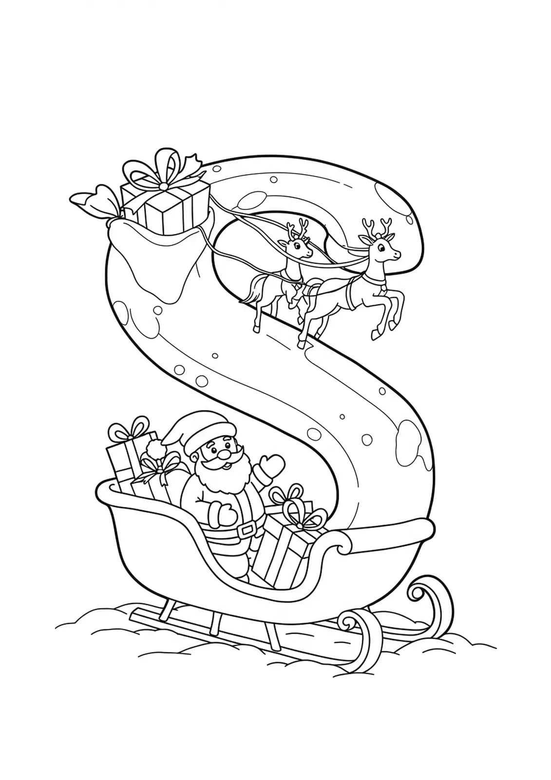 Coloring page with a large letter S, Santa's sleigh, and Christmas presents