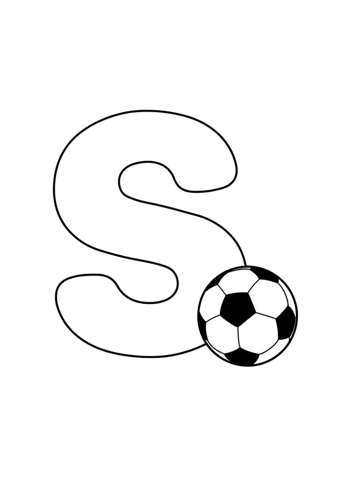 Large letter S with a simple soccer ball next to it, easy sports coloring page for preschoolers.