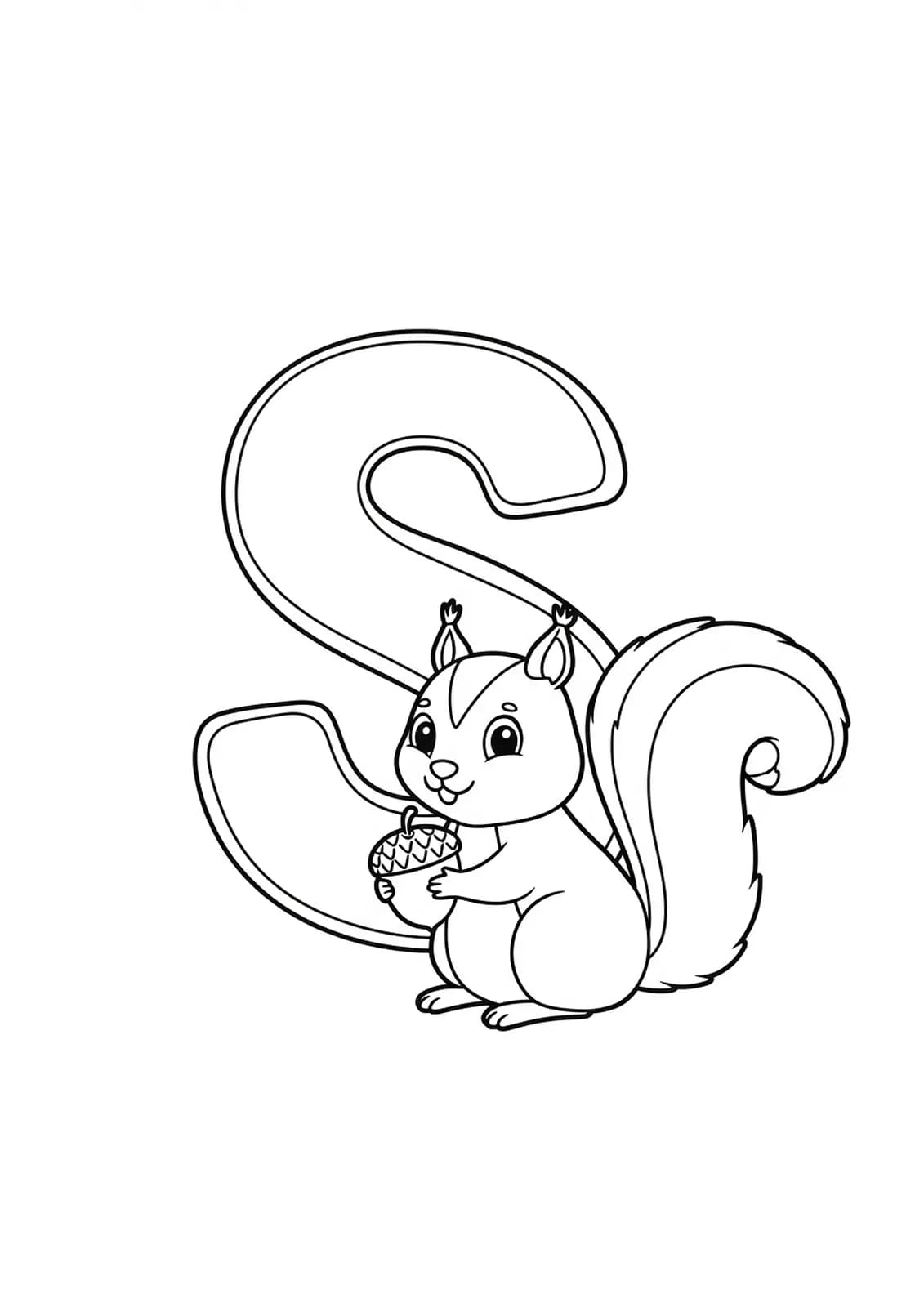 Large letter S with a simple squirrel holding an acorn, easy animal coloring page for preschoolers.