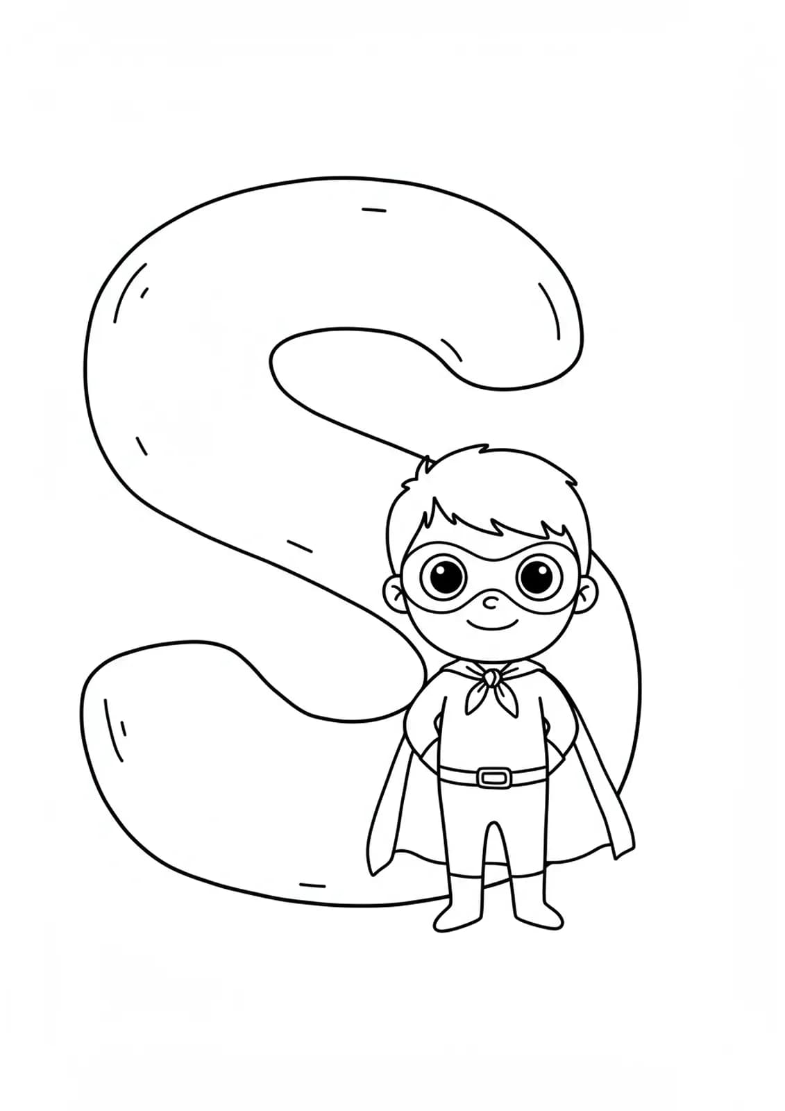 Big letter S with a friendly superhero kid wearing a cape, easy character coloring page for preschoolers.
