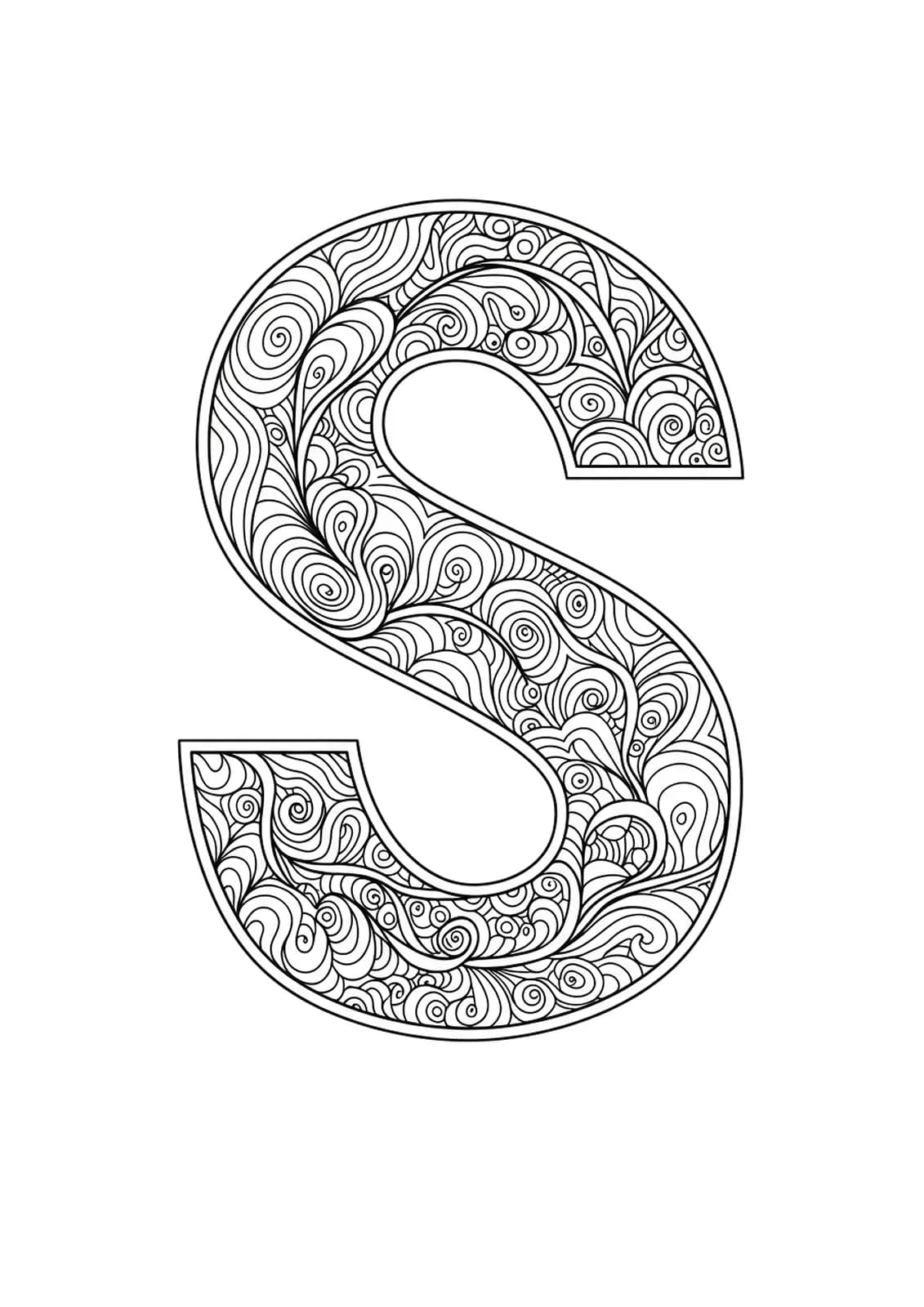 Large letter S surrounded by wide, simple zen swirls and patterns, easy coloring design for adults.