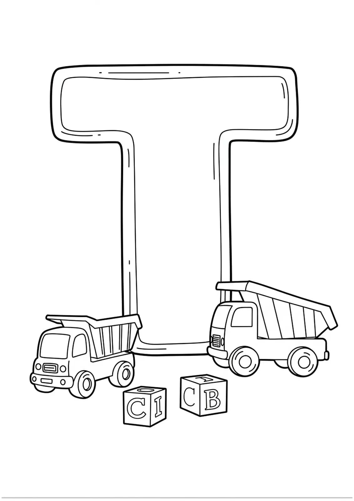 Letter T coloring page with toy trucks and blocks.