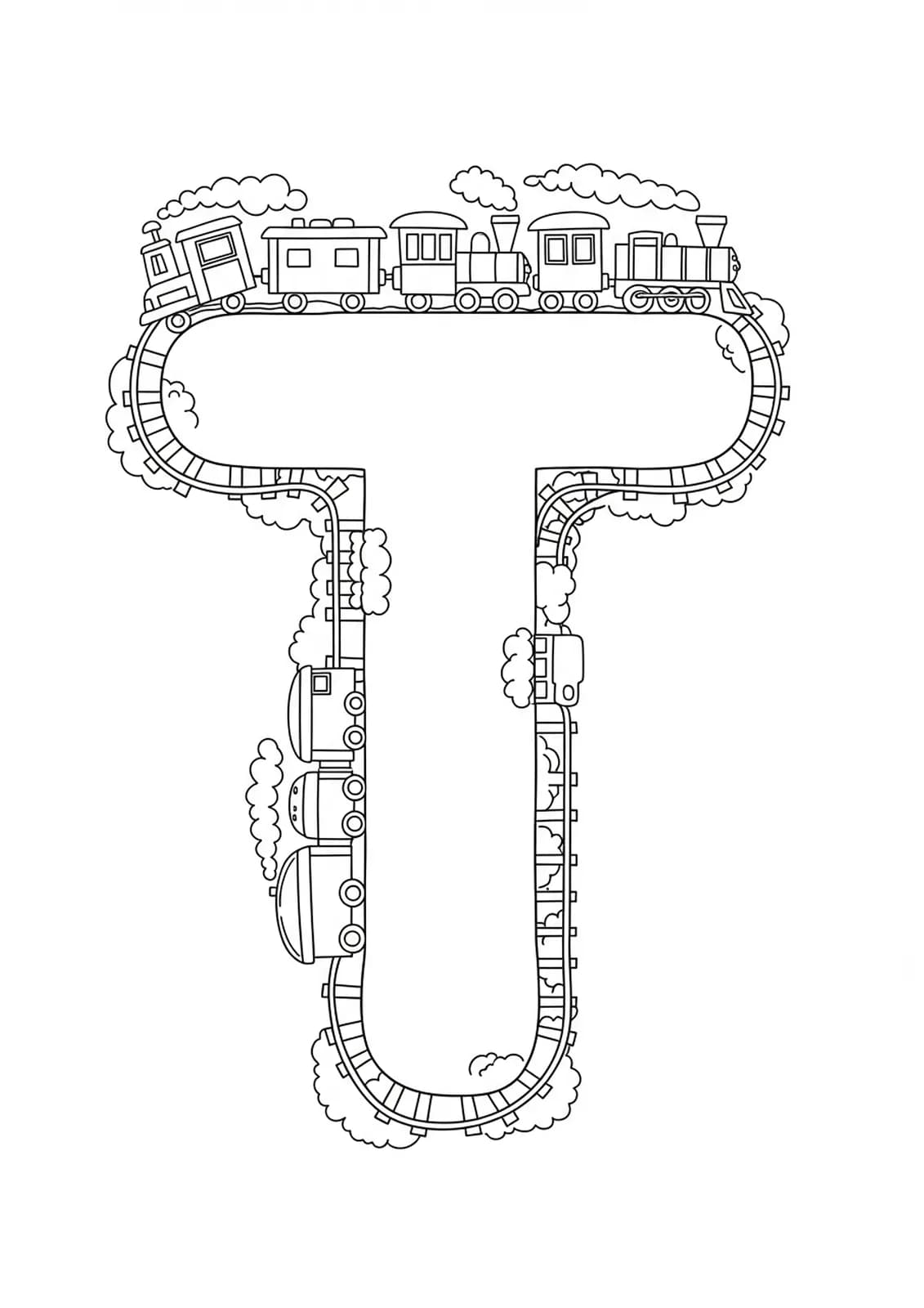 Letter T coloring page with cartoon trains and tracks.