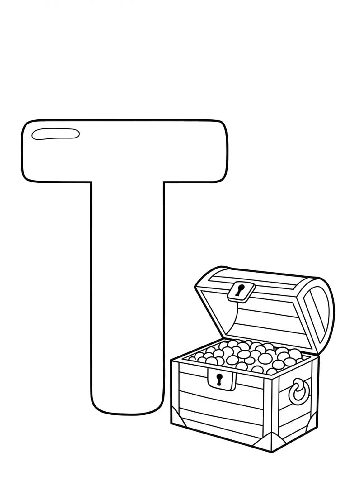 Coloring page with a big letter T and an open treasure chest, easy for preschool children.