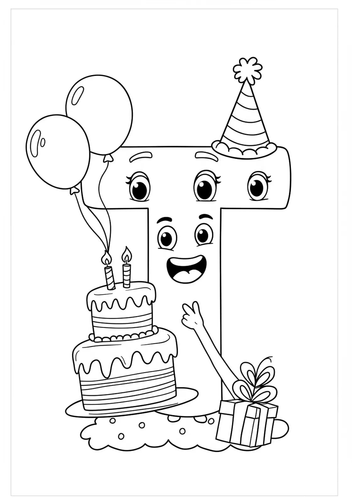 Big letter T with cartoon birthday cake, balloons, and party hat around it.