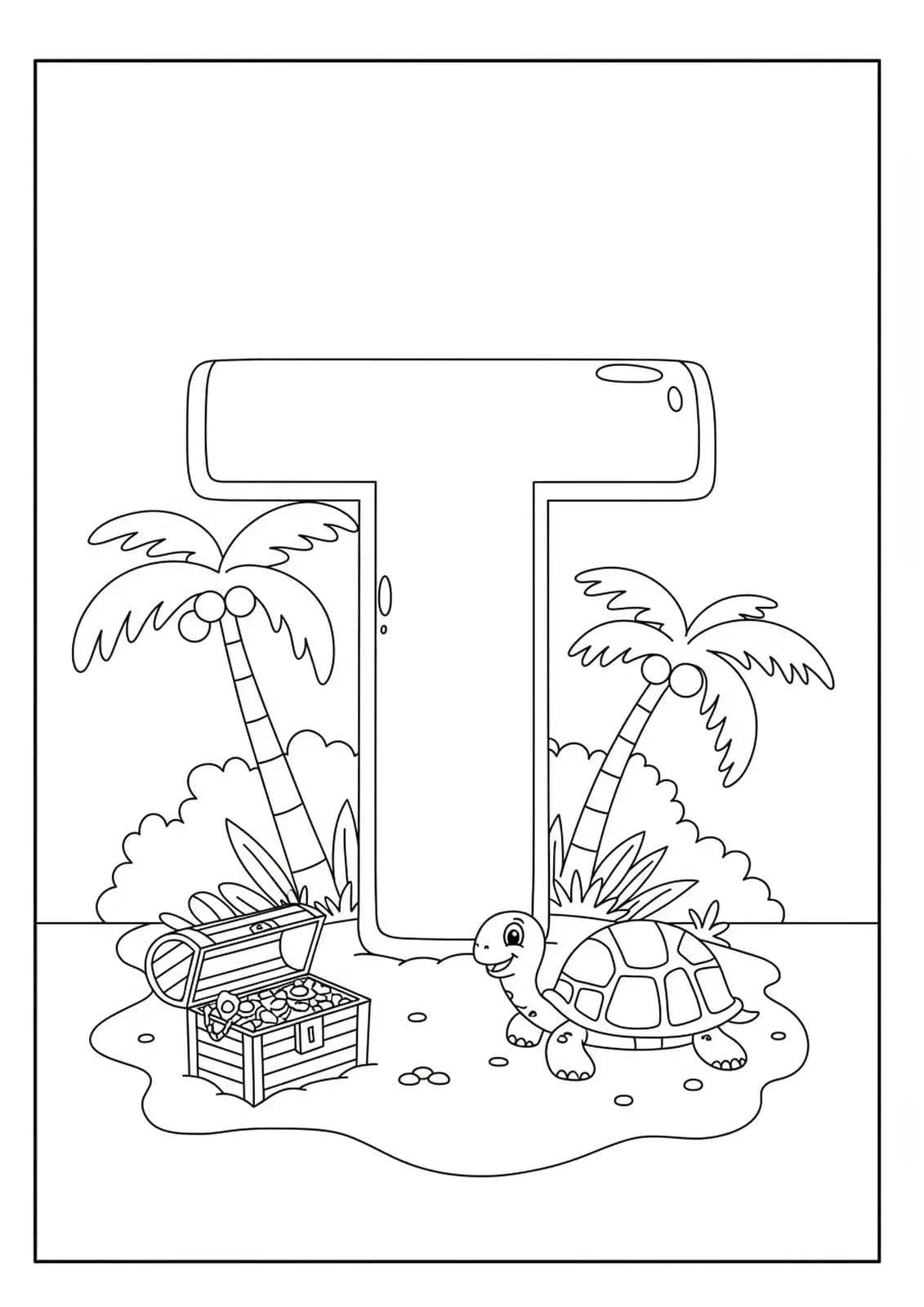Letter T coloring page with palm tree, turtle, and treasure chest on an island.