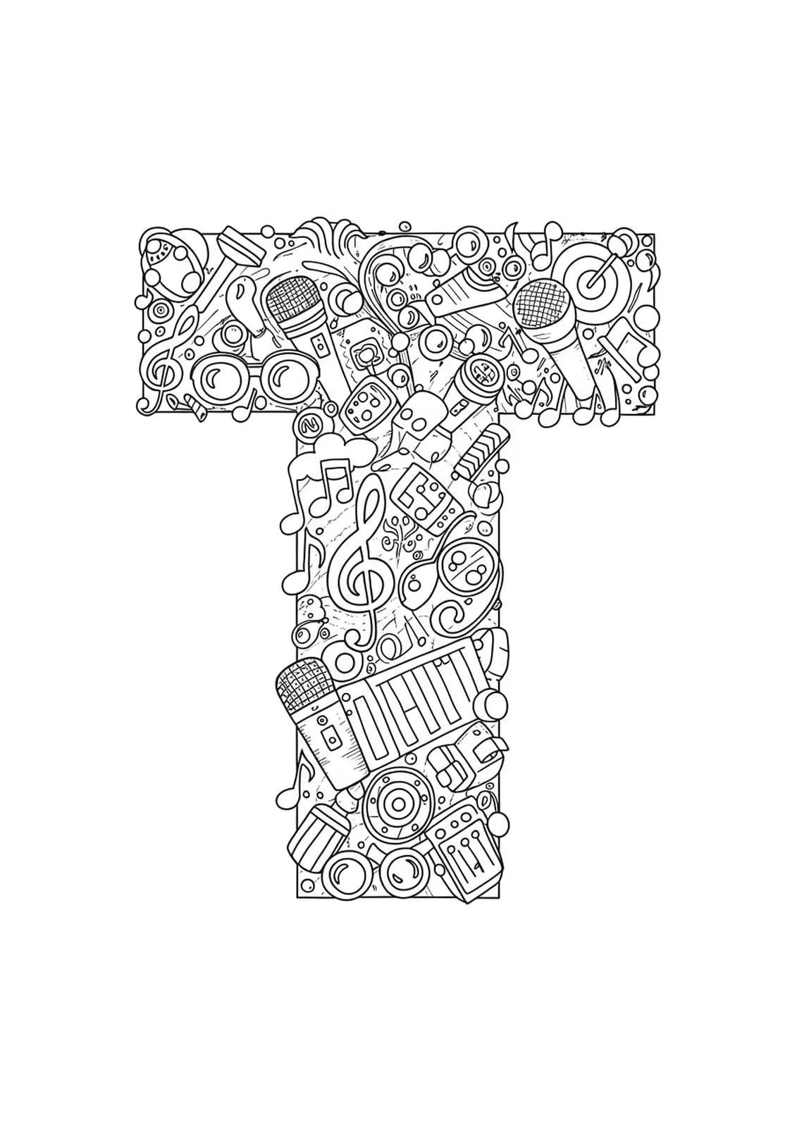Intricate Letter T with detailed musical notes, stage lights, and K-Pop accessory patterns, hard coloring page for teens.