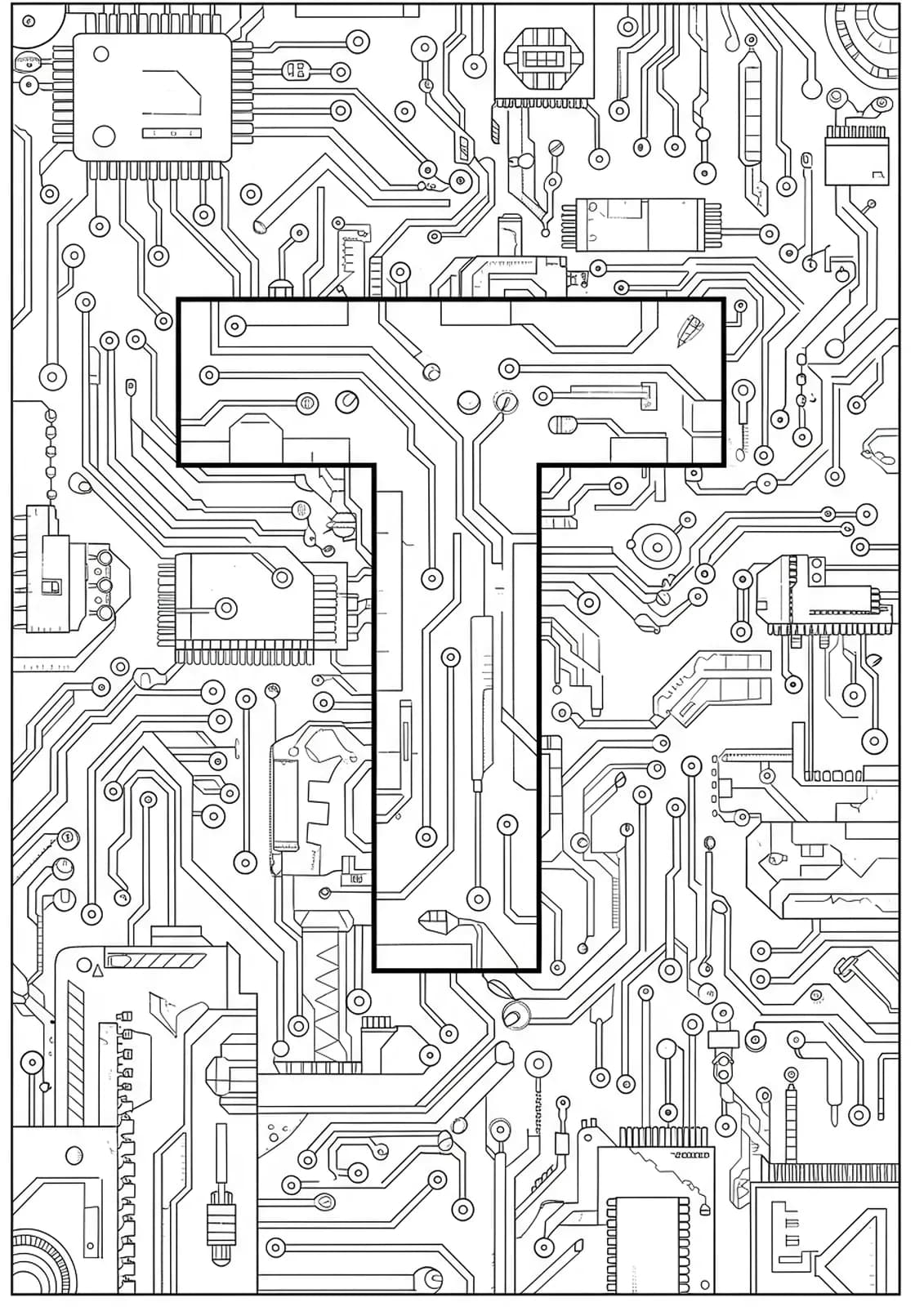 Letter T filled and surrounded by intricate futuristic circuitry and electronic patterns for adult colorists.