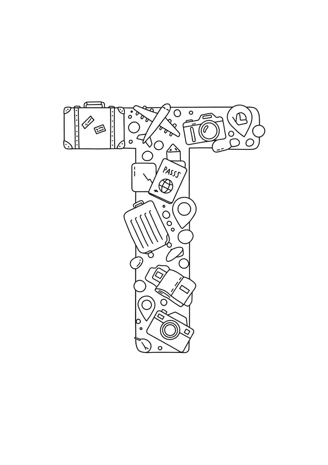 Easy coloring page of the letter T with travel icons like a suitcase, airplane, passport, and camera for teens.