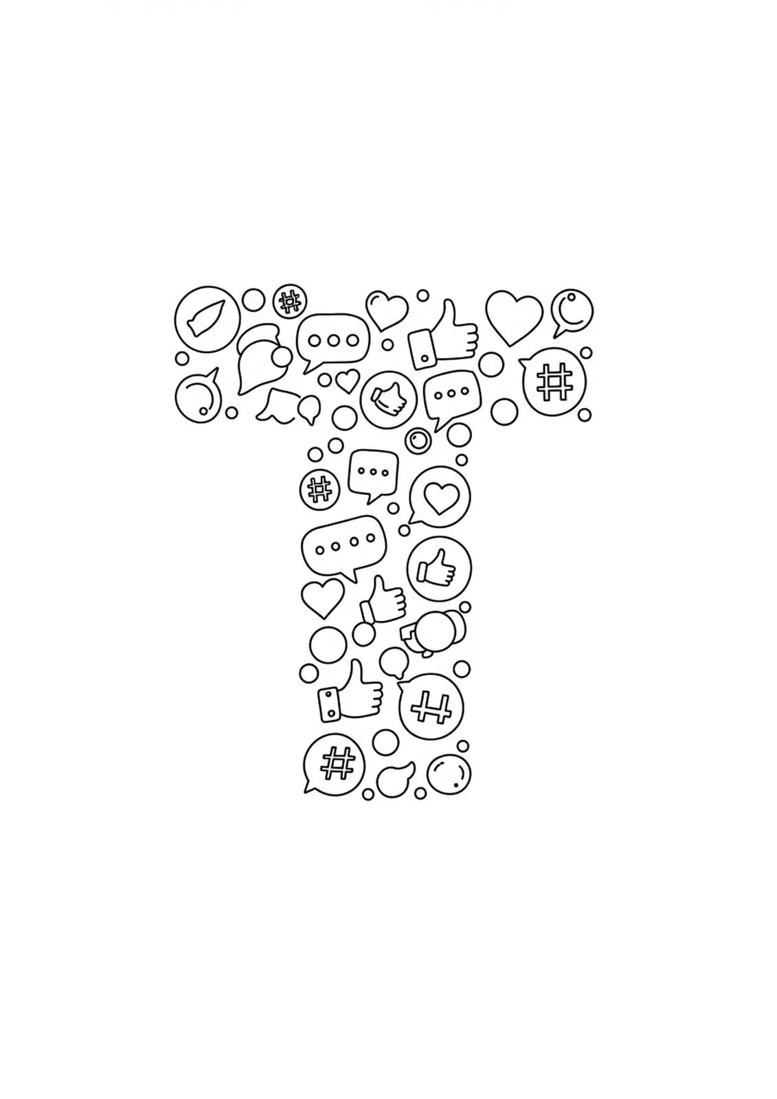 Easy coloring page of the letter T with social media icons like chat bubbles, hashtags, and hearts for teens.