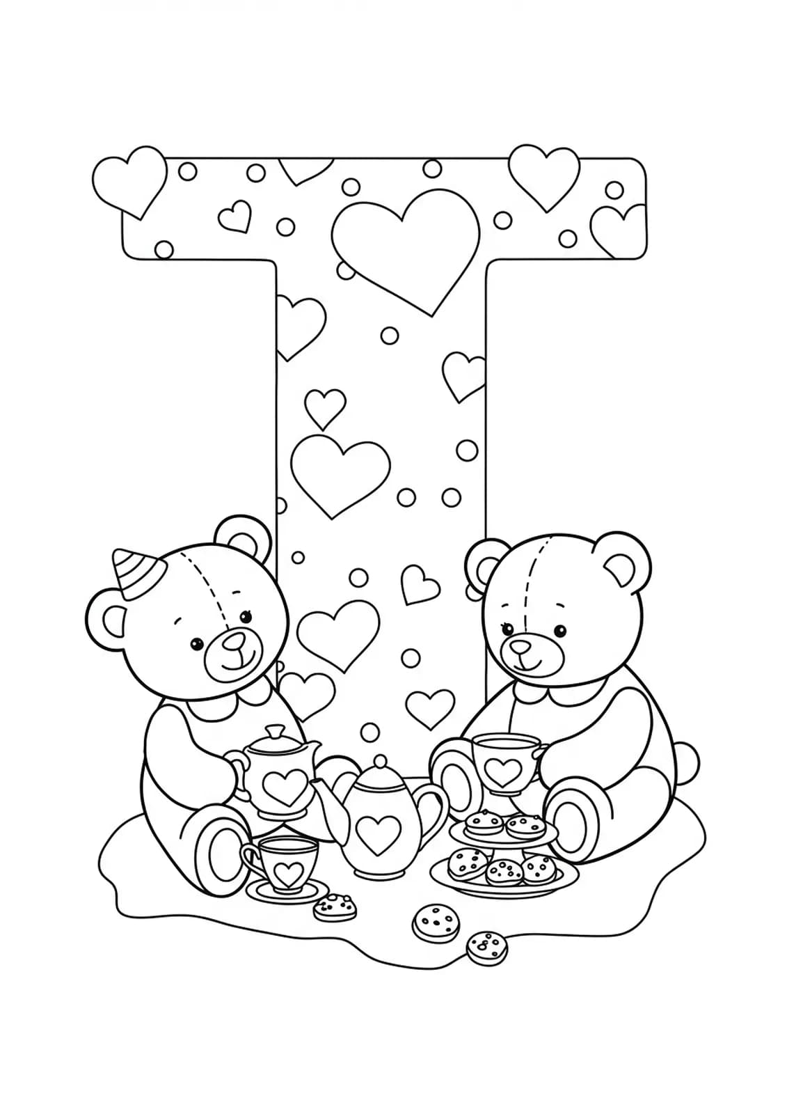 Letter T coloring page with teddy bears having a tea party.