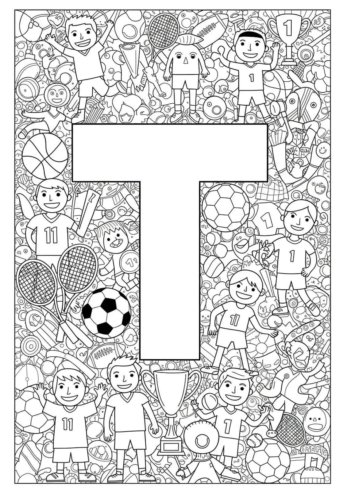 Intricate team sports scene with a letter T, balls, rackets, trophies, and sports equipment in detailed line art.