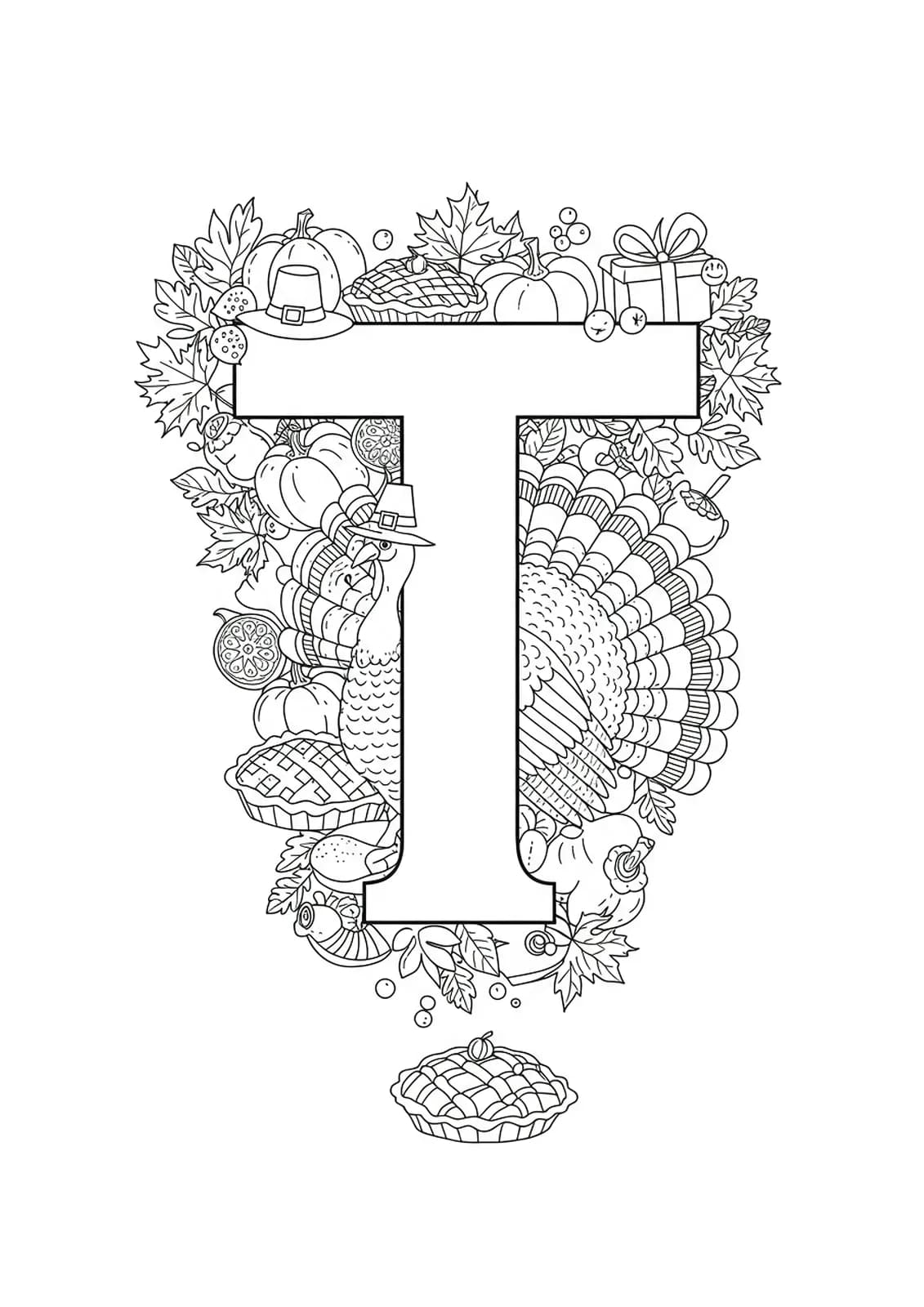 Intricate Thanksgiving scene with a letter T, detailed turkey, pies, fall leaves, and festive foods, all with complex line art.