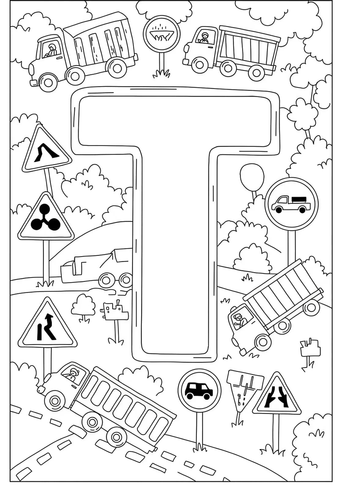 A bold letter T with cartoon trucks and road signs around it.