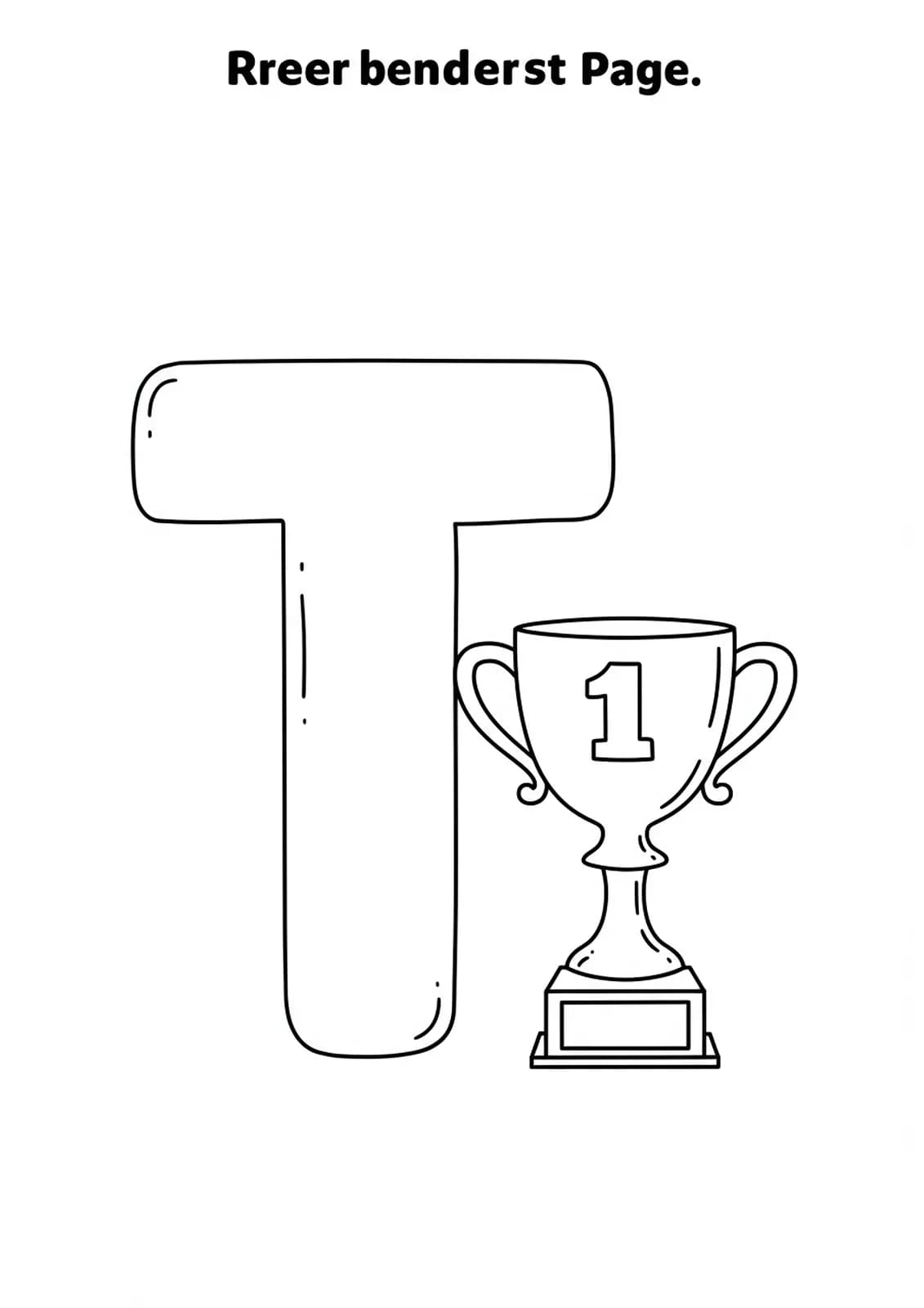 Simple coloring page with a big letter T and a basic trophy for preschool children.