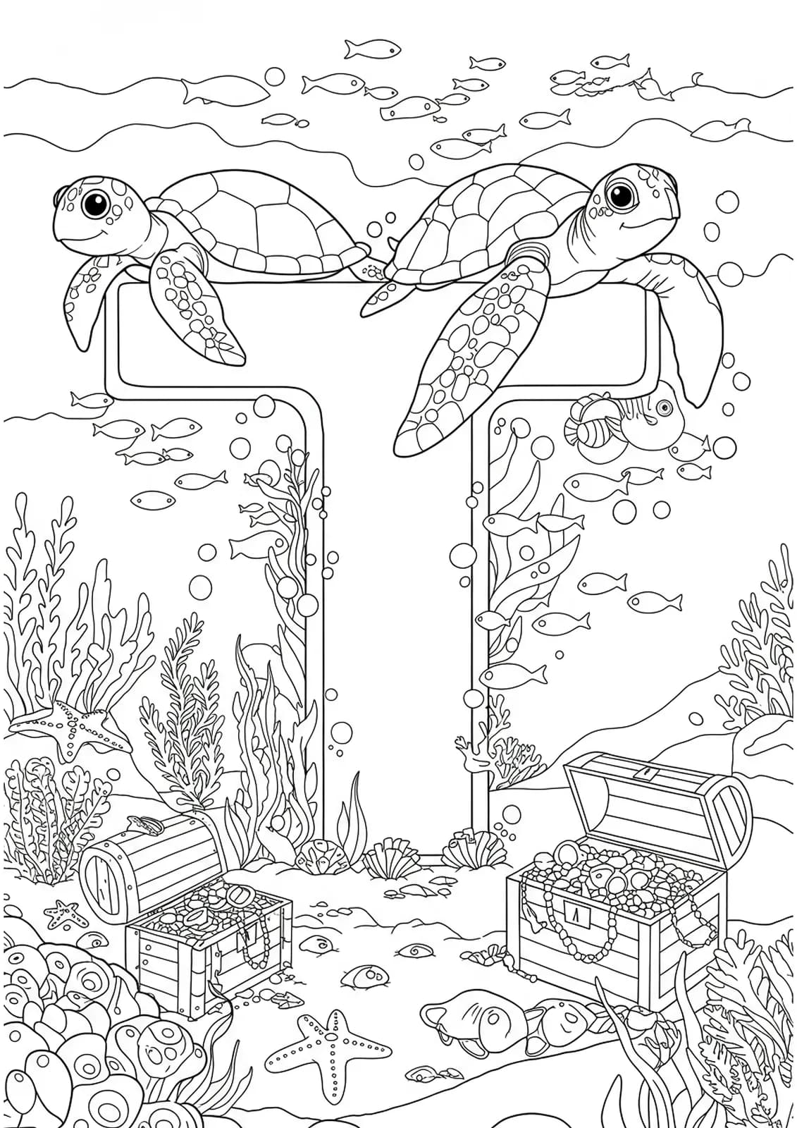 Complex under the sea scene with a large letter T surrounded by turtles, treasure, seaweed, and fish, designed for elementary children.