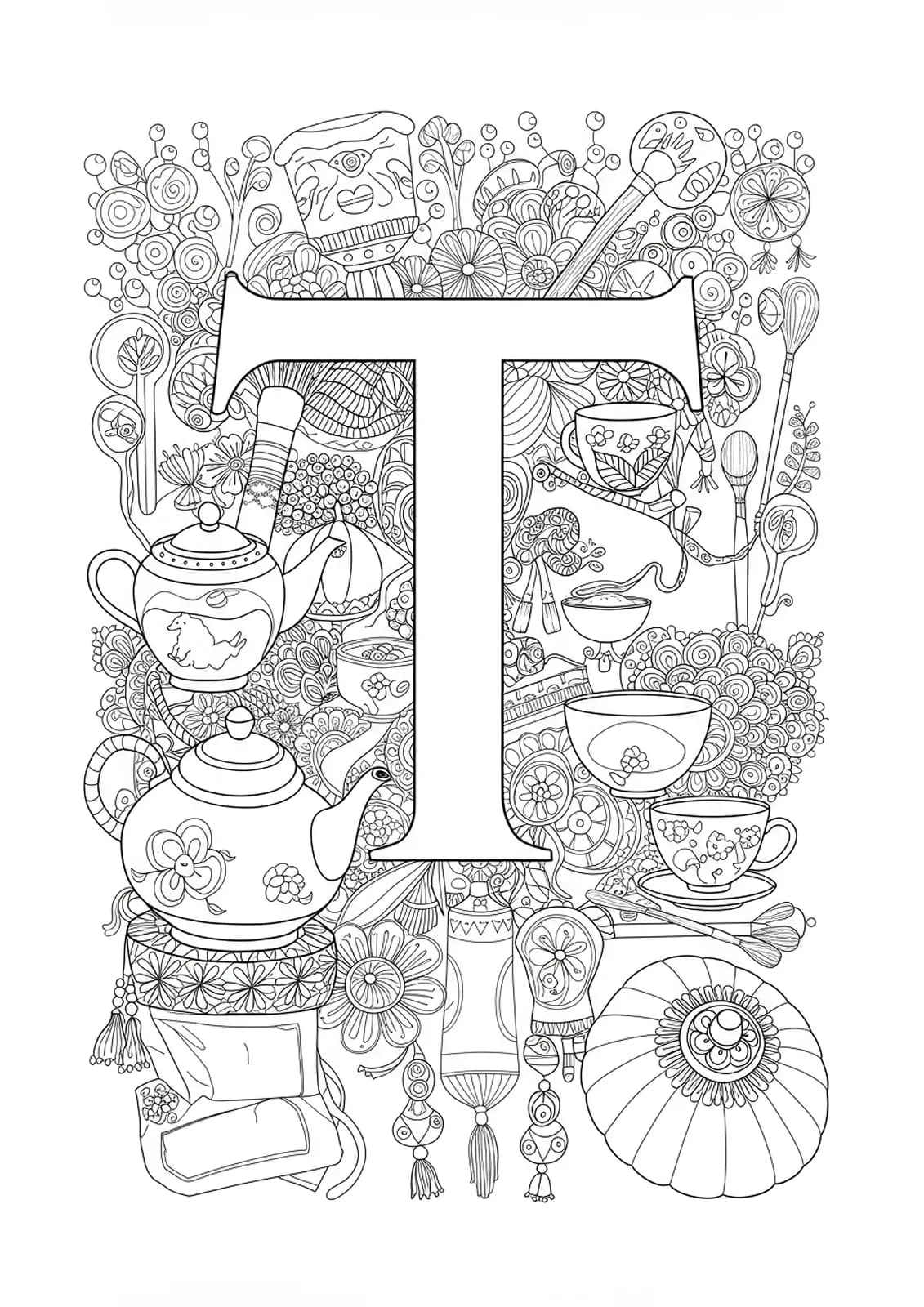 Letter T surrounded by intricate illustrations of tea ceremony utensils and decorative elements for adults.
