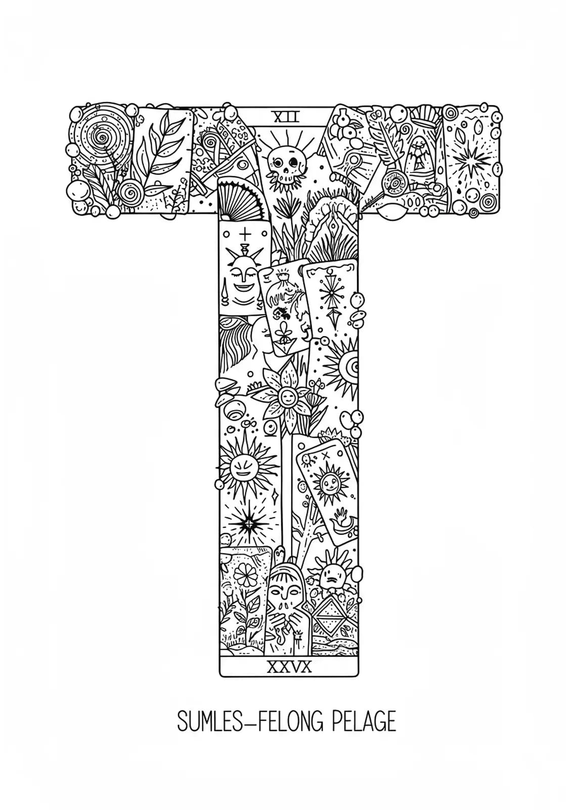 Letter T decorated with intricate tarot symbols, cards, and mystical designs for adult coloring.