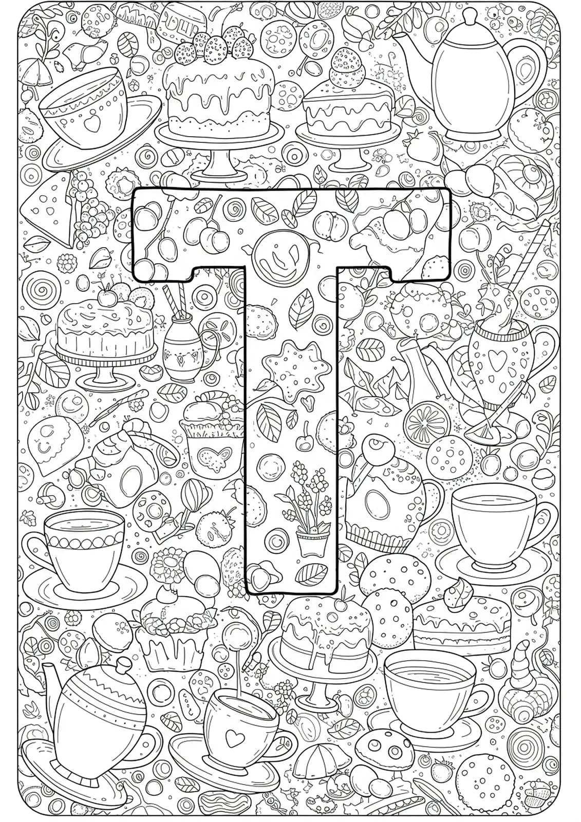 Letter T surrounded by tea time treats like cakes, cookies, and teacups, medium detail for adult coloring.