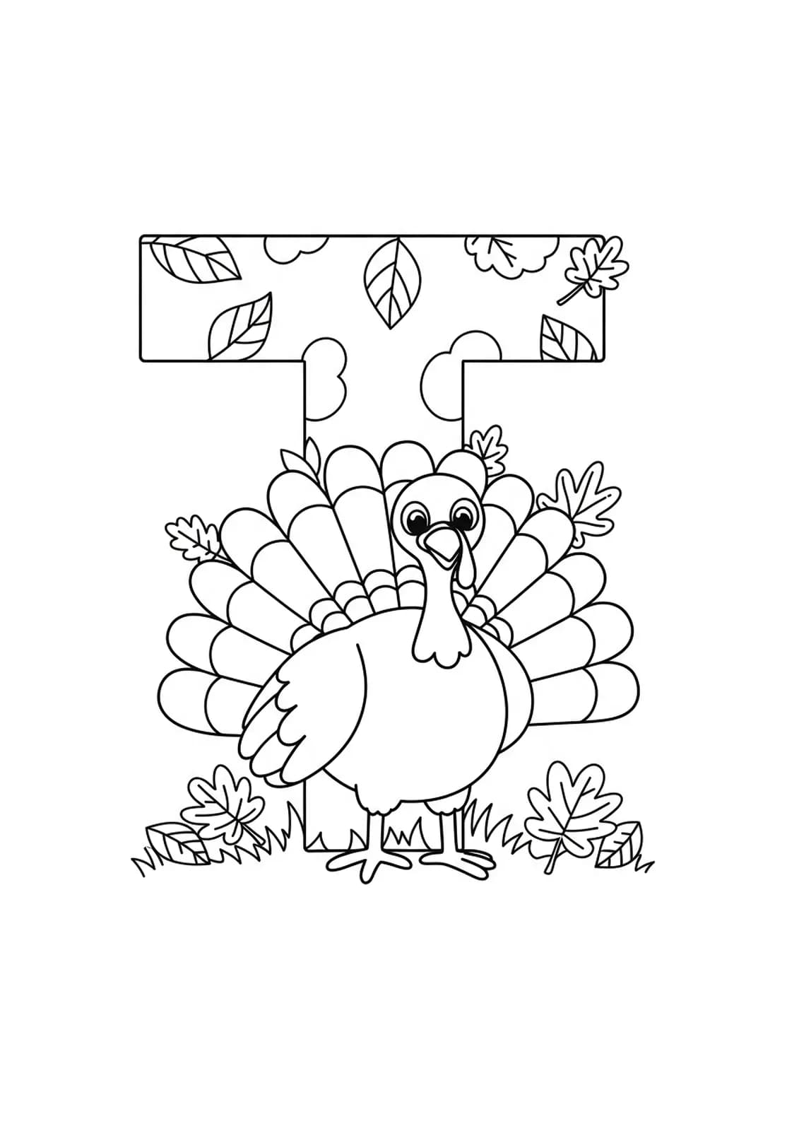 Letter T coloring page with a turkey and leaves for Thanksgiving.