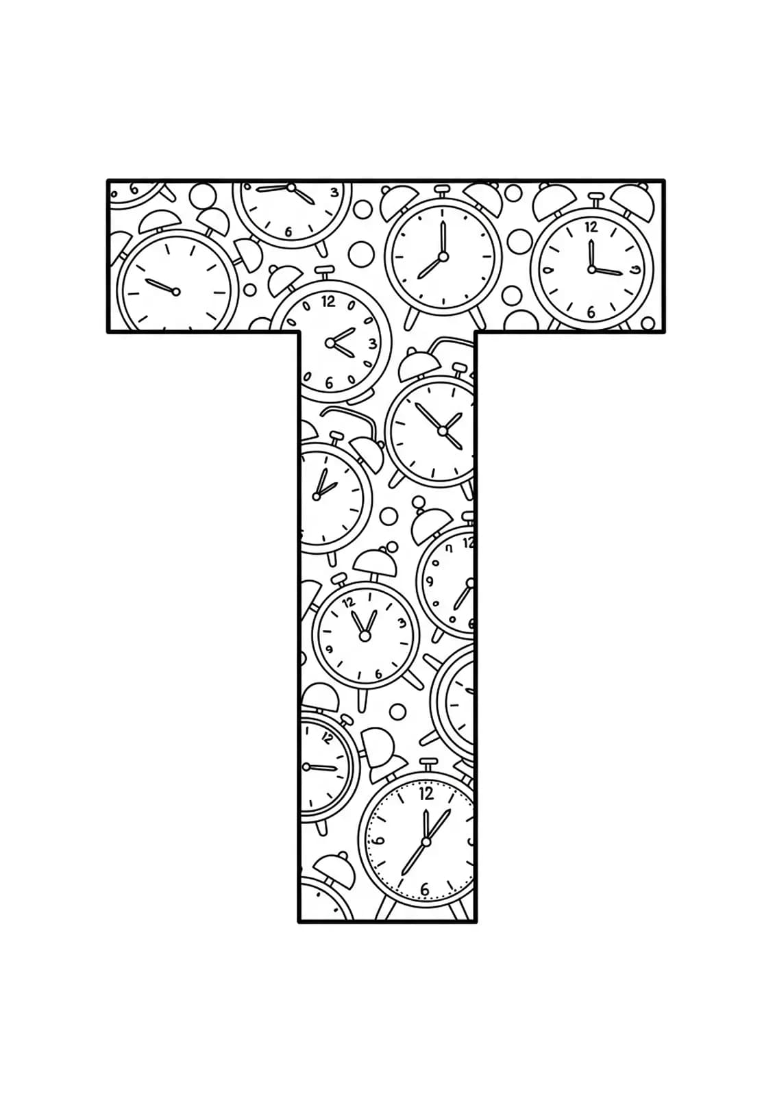 Letter T with easy outlines of various clocks