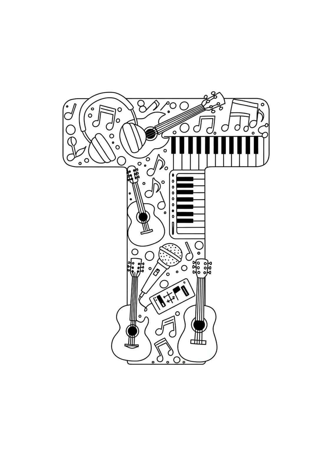 Easy coloring page of the letter T with music notes, headphones, microphones, and guitars for teens.