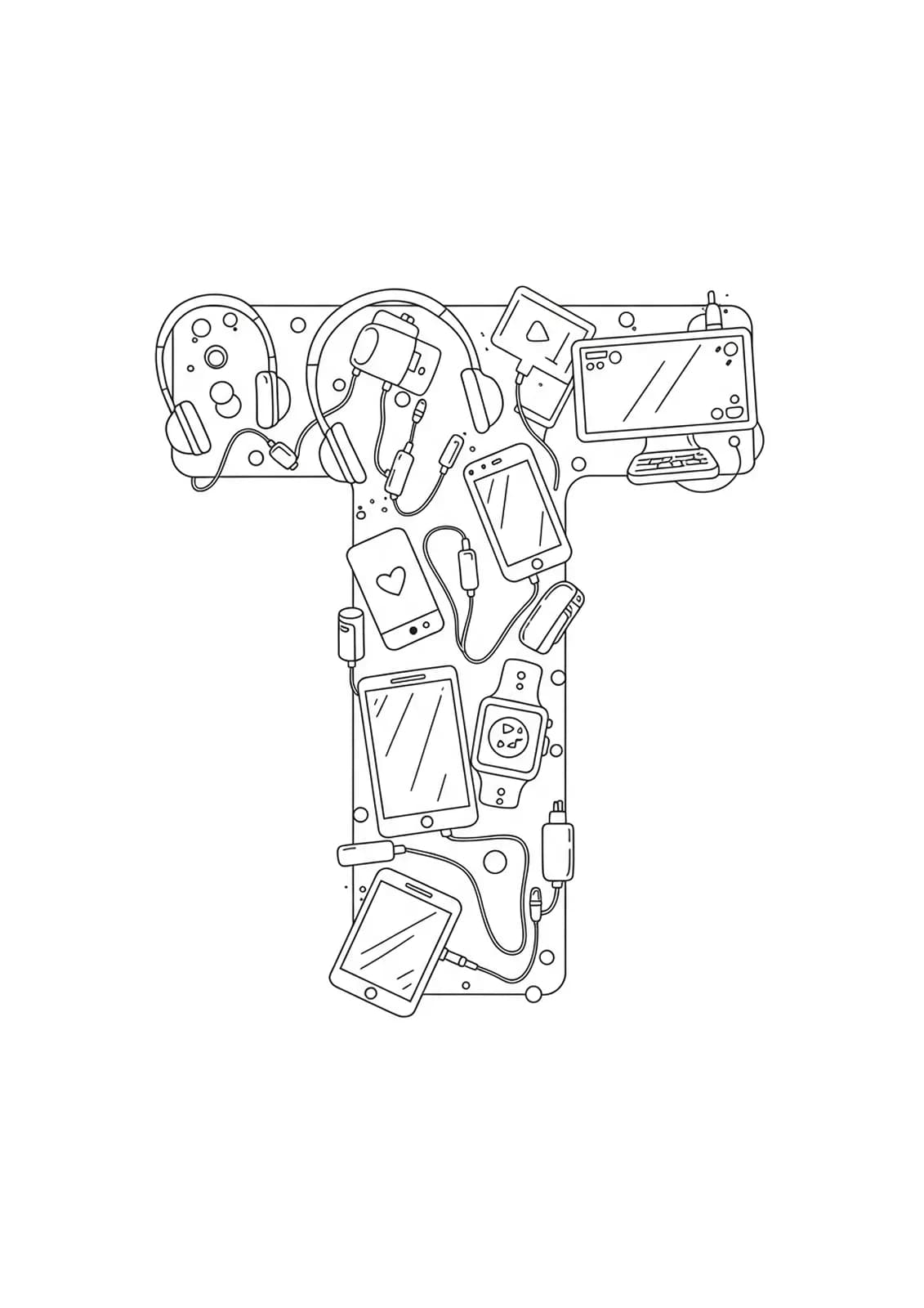Easy coloring page of the letter T decorated with simple outlines of trendy tech gadgets like headphones and smartphones for teens.