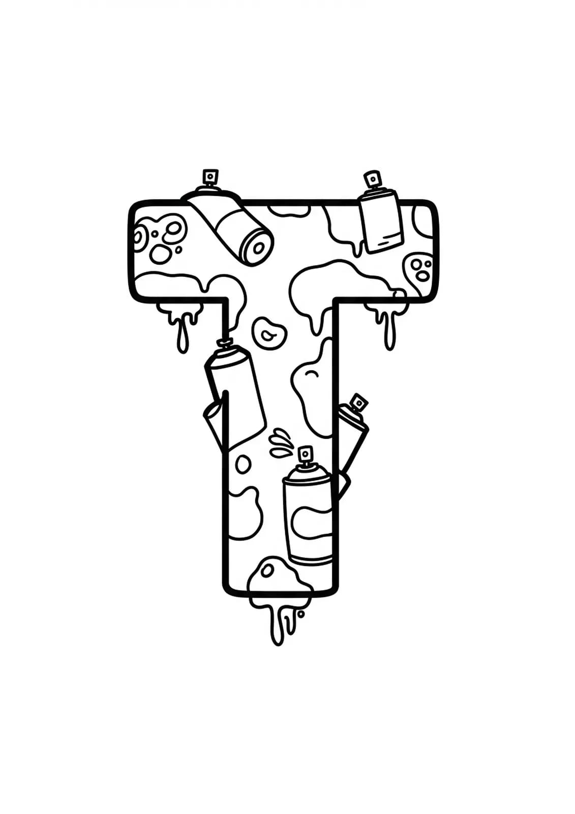 Easy coloring page of the letter T with urban street art elements like graffiti, spray cans, and bold lines for teens.