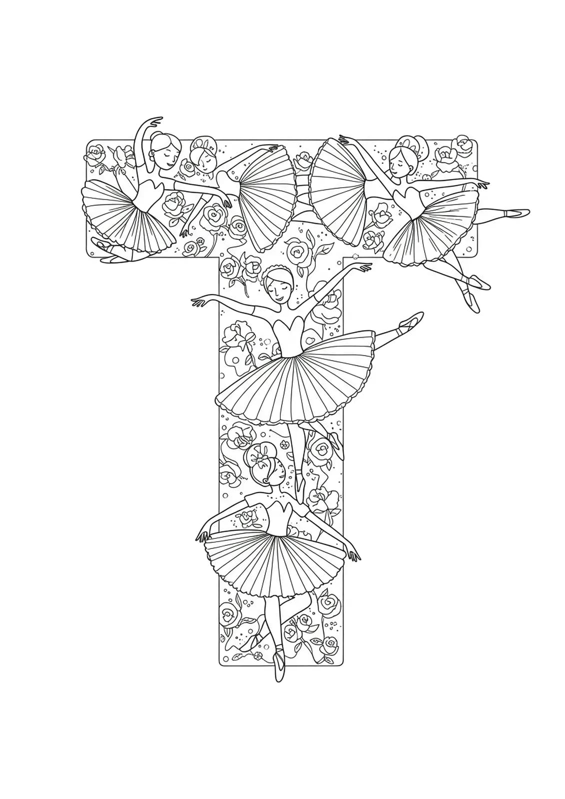 Letter T coloring page with detailed twirling dancers, tutus, and dance accessories for preschool kids.
