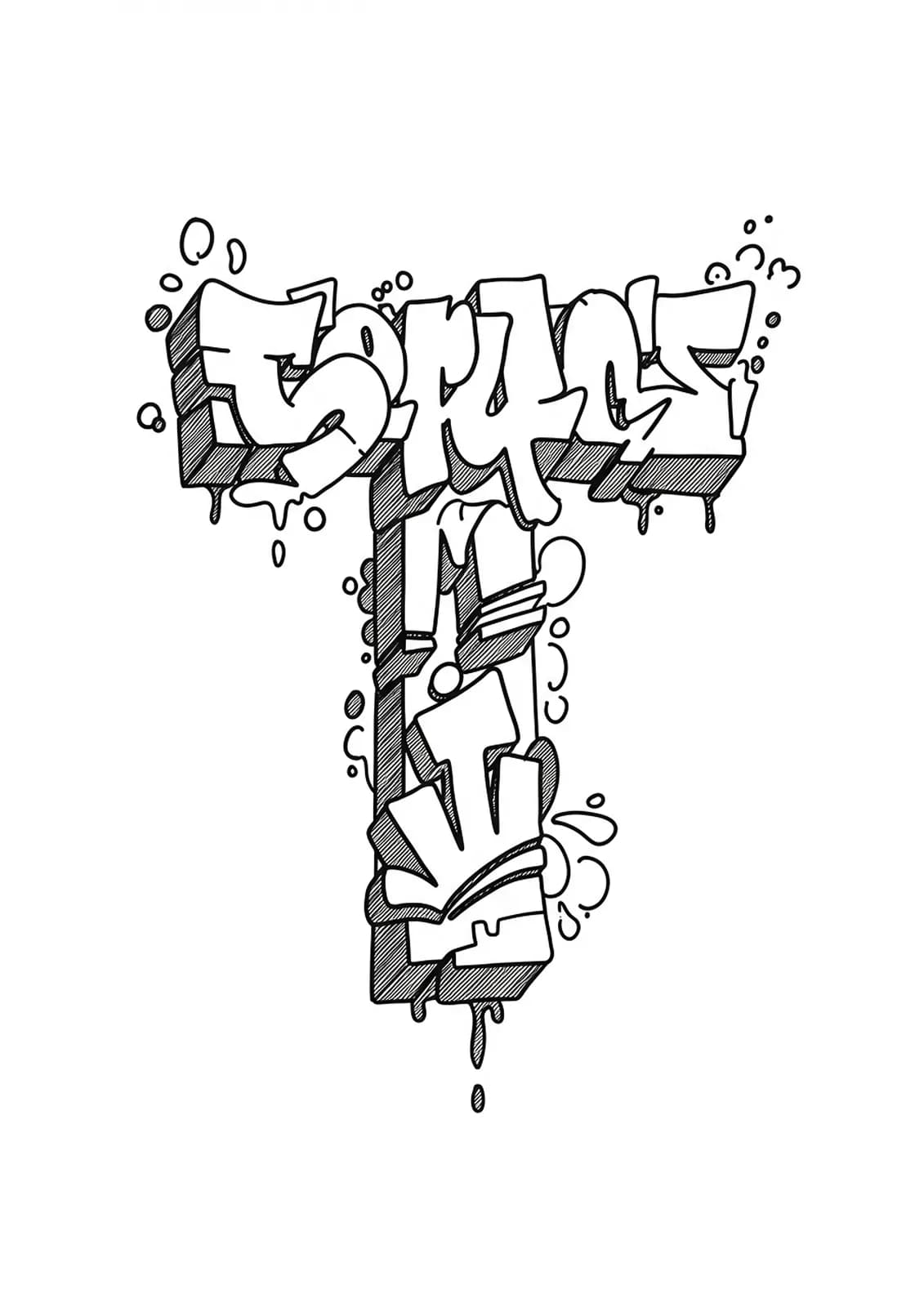 Black and white line art of the letter T with graffiti-style lettering, dynamic lines, and splashes, medium complexity for teens.