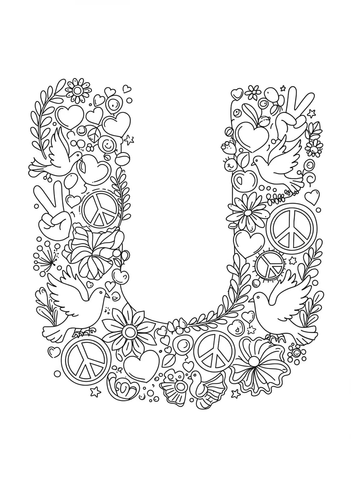Letter U surrounded by peace signs, doves, and olive branches in easy, bold outlines.